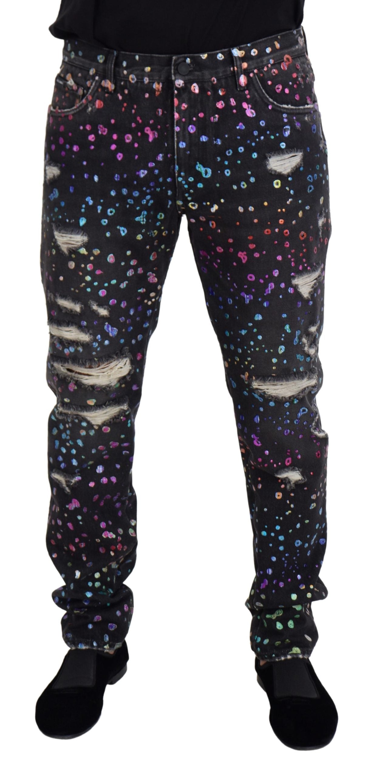 Dolce & Gabbana Black Multicolor Print Tattered Denim Men's Jeans