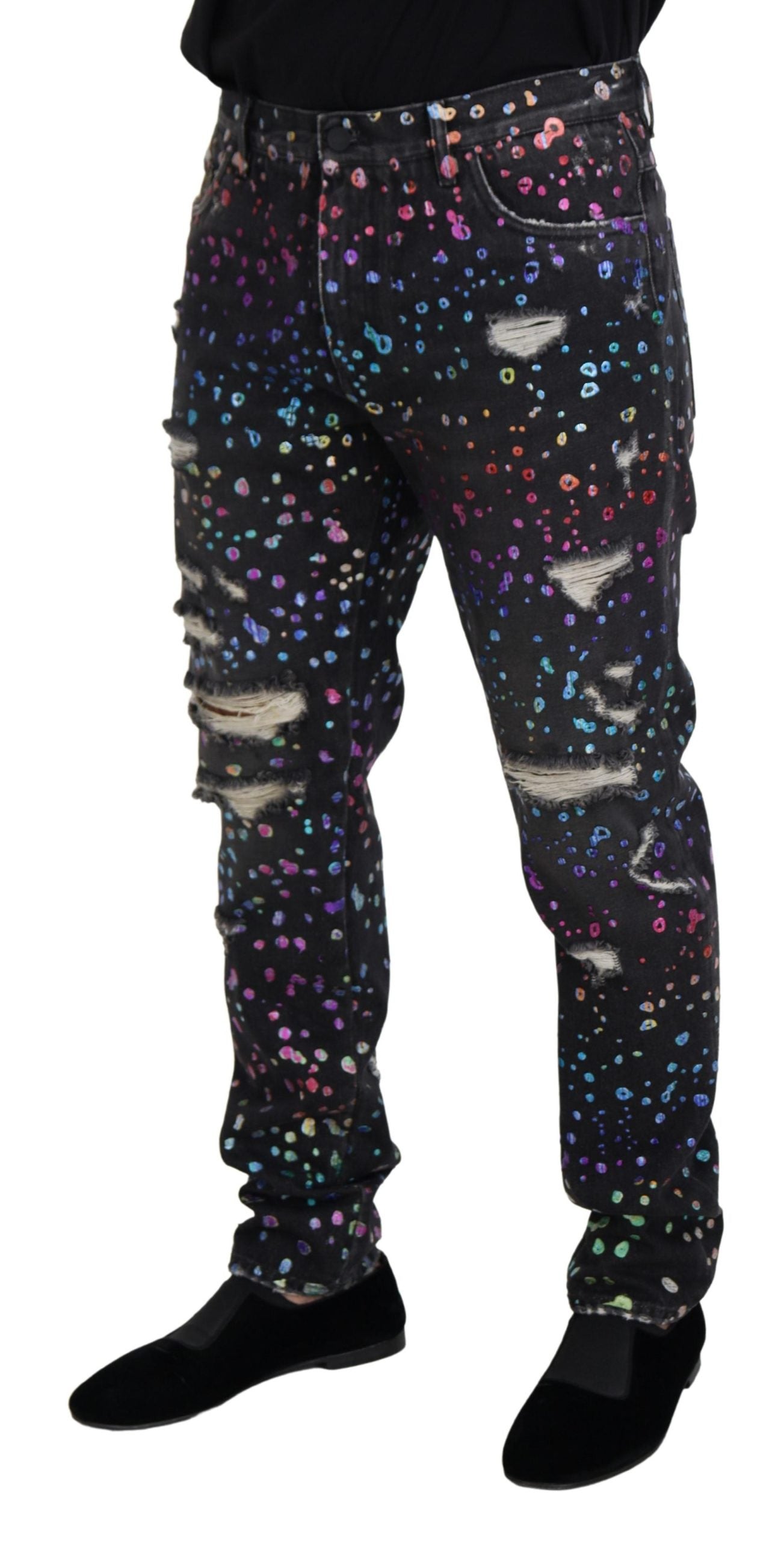 Dolce & Gabbana Black Multicolor Print Tattered Denim Men's Jeans