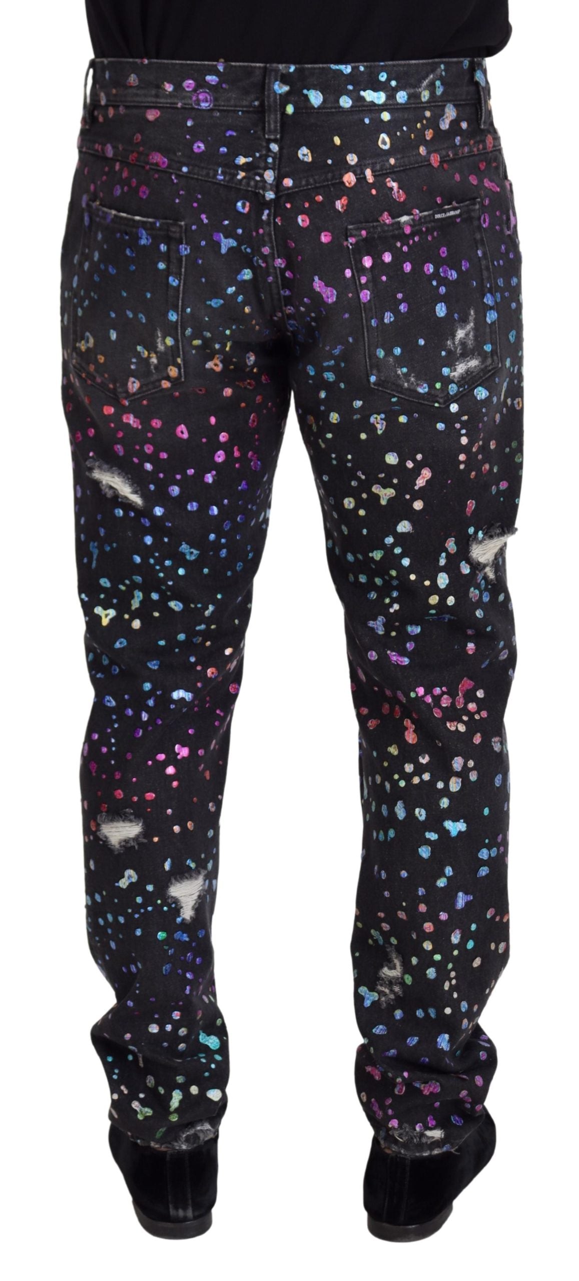 Dolce & Gabbana Black Multicolor Print Tattered Denim Men's Jeans