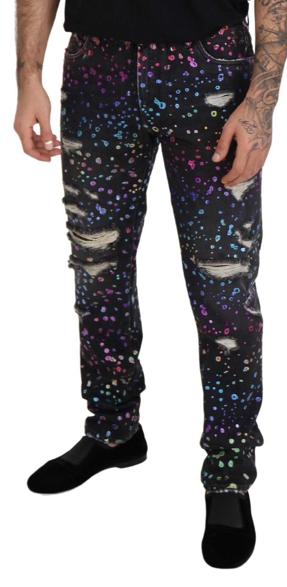 Dolce & Gabbana Black Multicolor Print Tattered Denim Men's Jeans