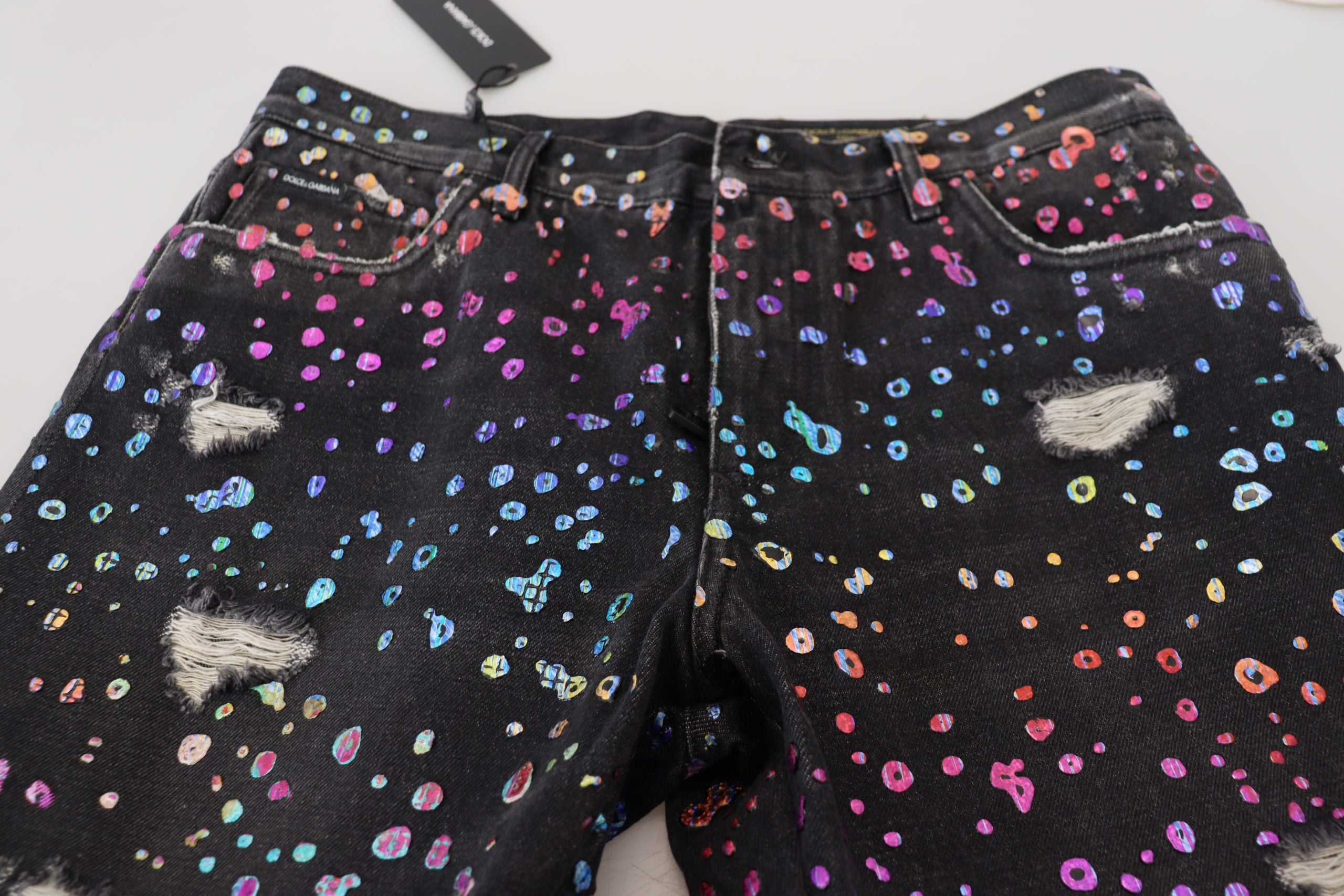 Dolce & Gabbana Black Multicolor Print Tattered Denim Men's Jeans
