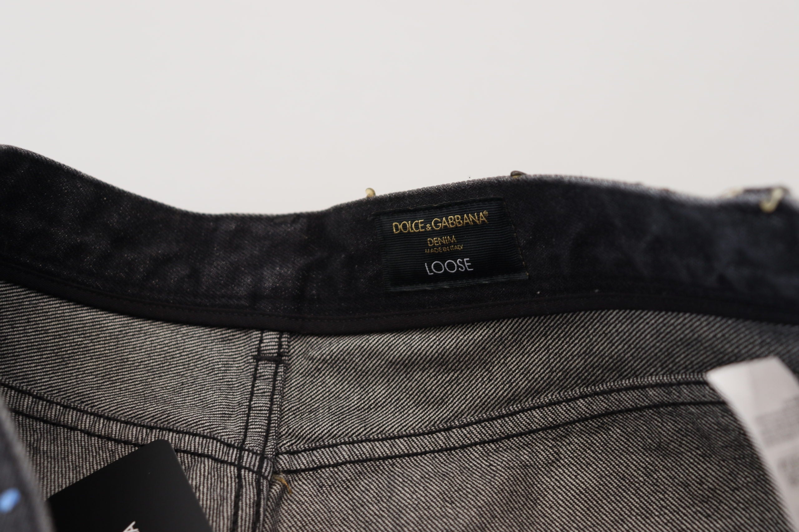 Dolce & Gabbana Black Multicolor Print Tattered Denim Men's Jeans