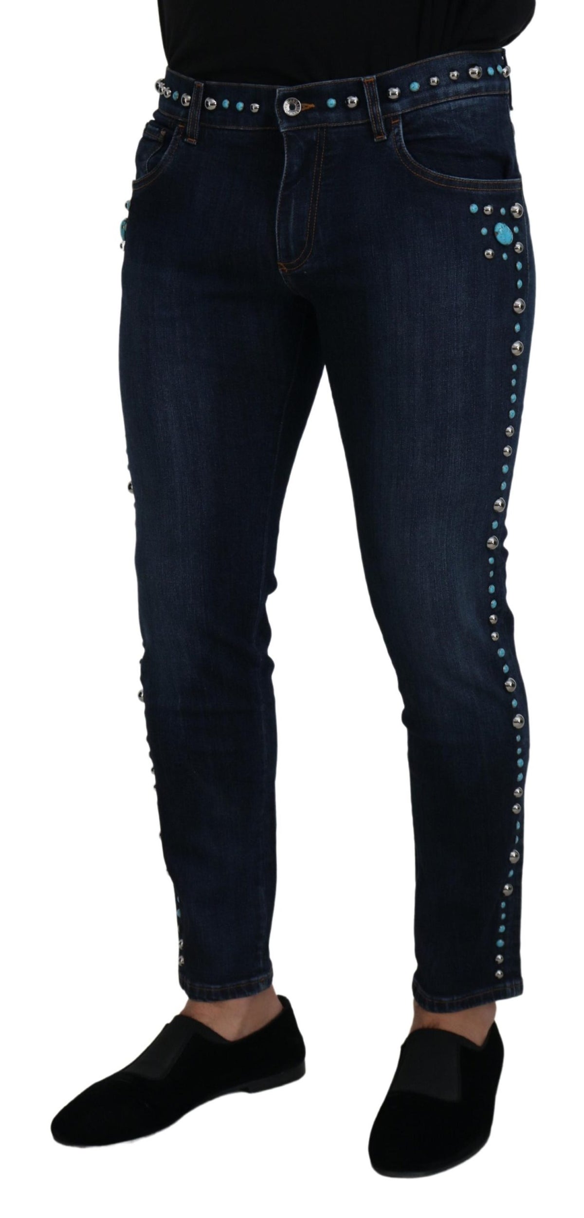 Dolce & Gabbana Blue Cotton Studded Low Waist Denim Men's Jeans