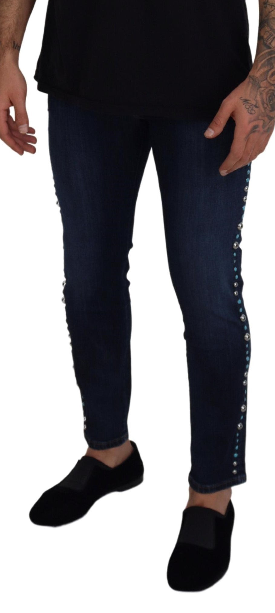 Dolce & Gabbana Blue Cotton Studded Low Waist Denim Men's Jeans