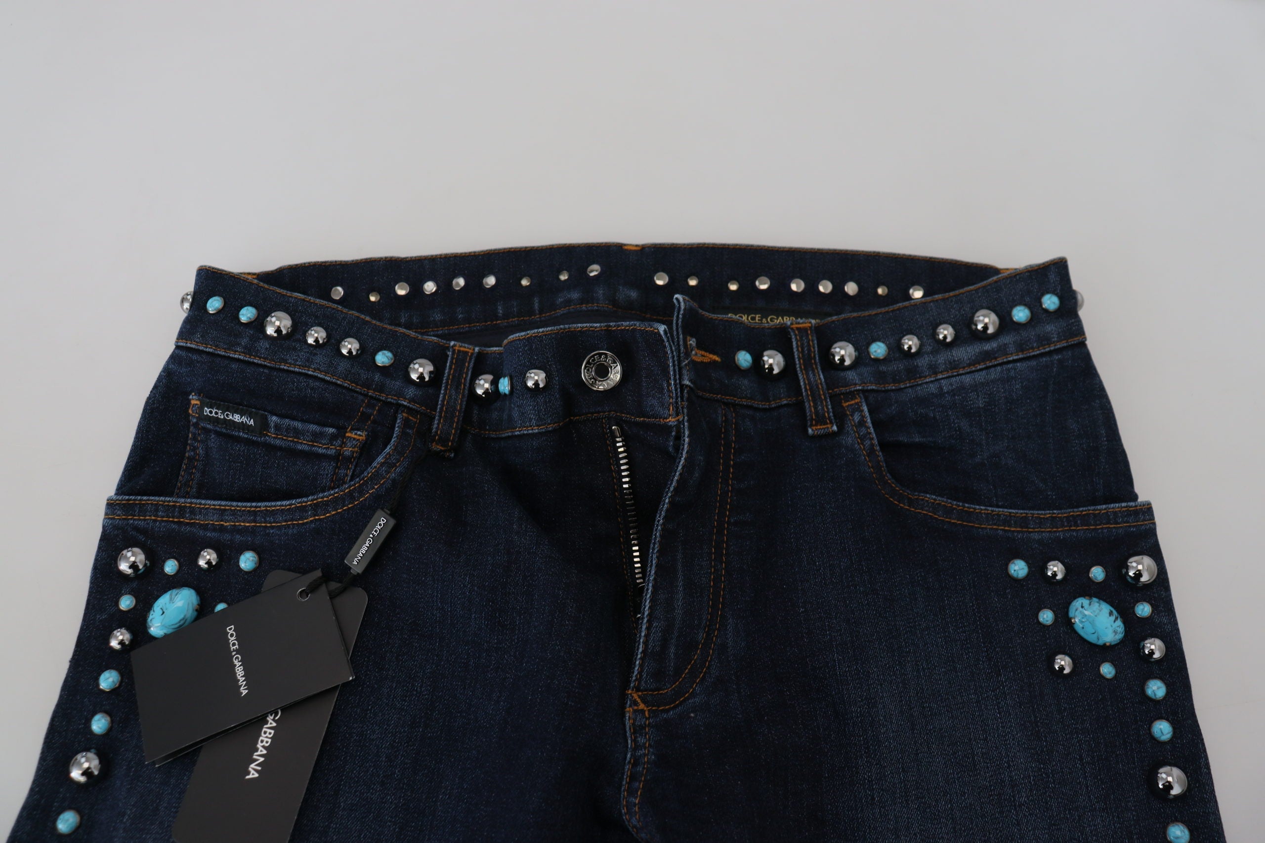Dolce & Gabbana Blue Cotton Studded Low Waist Denim Men's Jeans