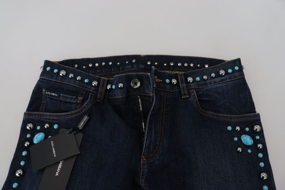 Dolce & Gabbana Blue Cotton Studded Low Waist Denim Men's Jeans
