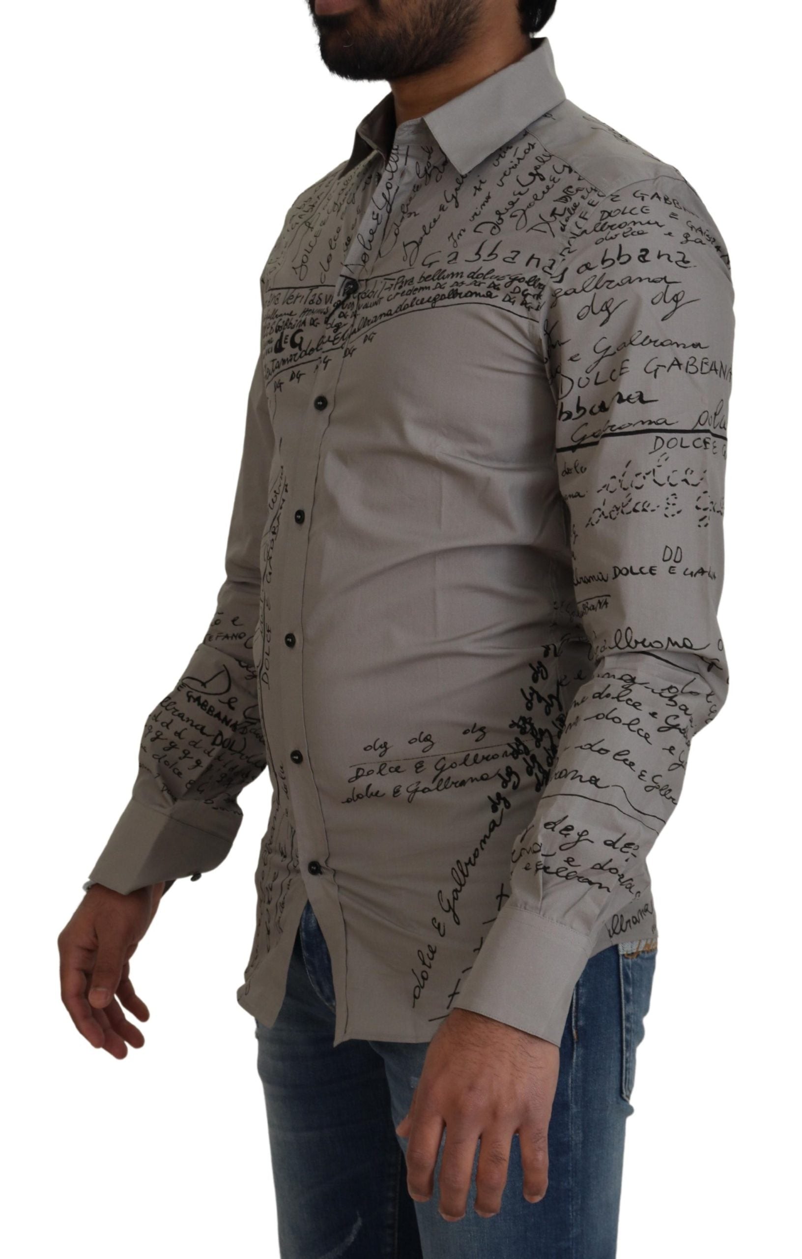 Dolce & Gabbana Gray Printed Cotton Slim Dress GOLD Men's Shirt