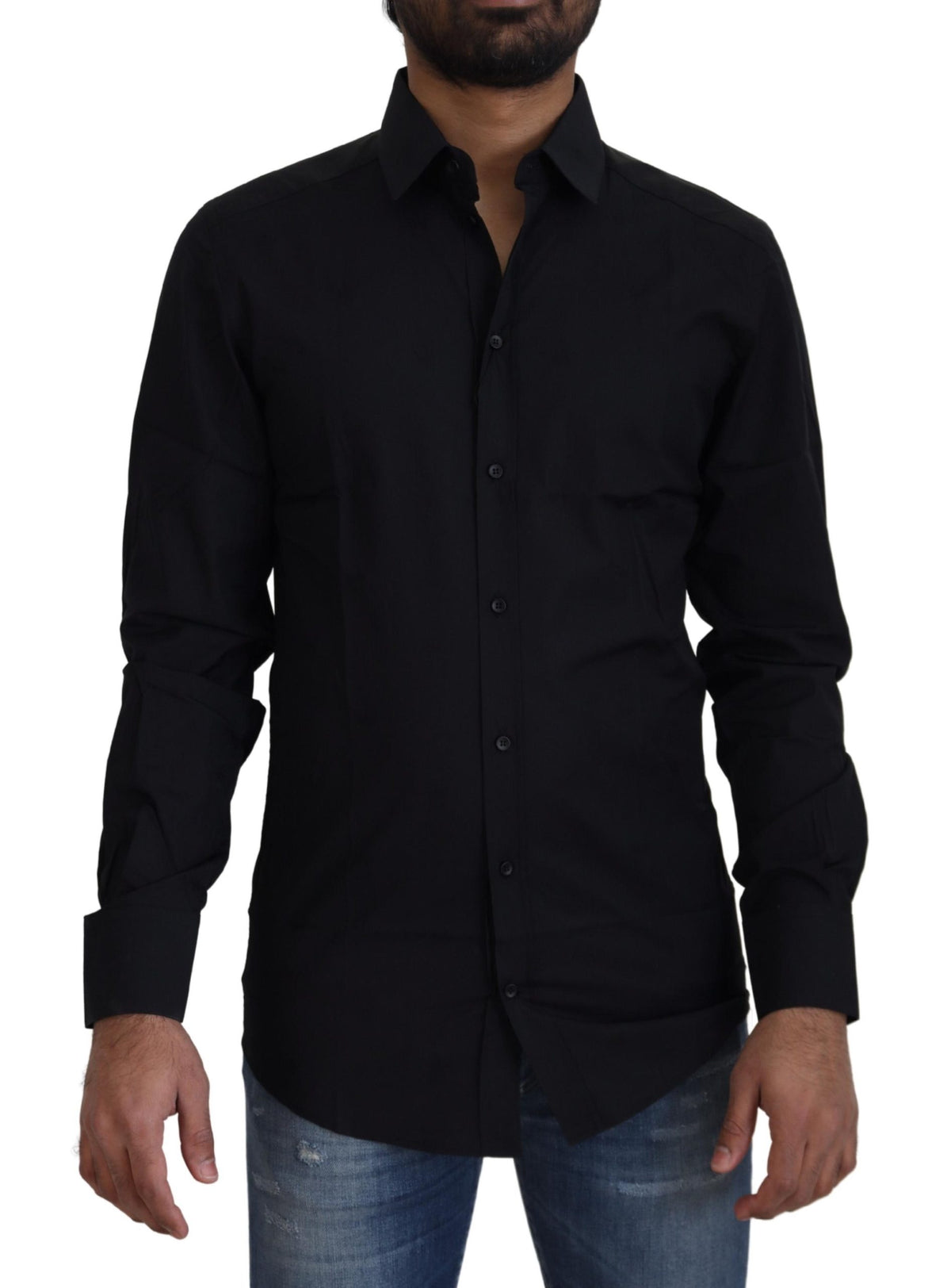 Dolce & Gabbana Black Cotton Slim Fit Formal Dress GOLD Men's Shirt