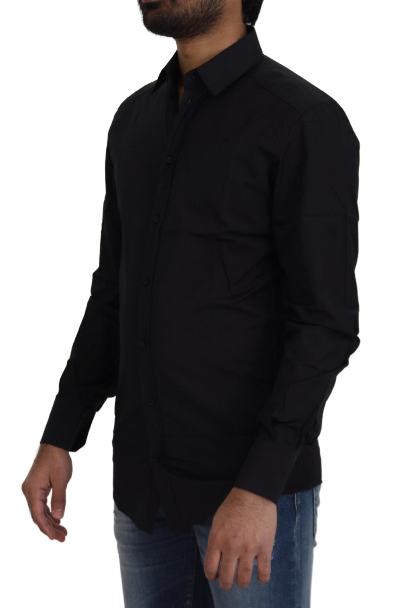 Dolce & Gabbana Black Cotton Slim Fit Formal Dress GOLD Men's Shirt