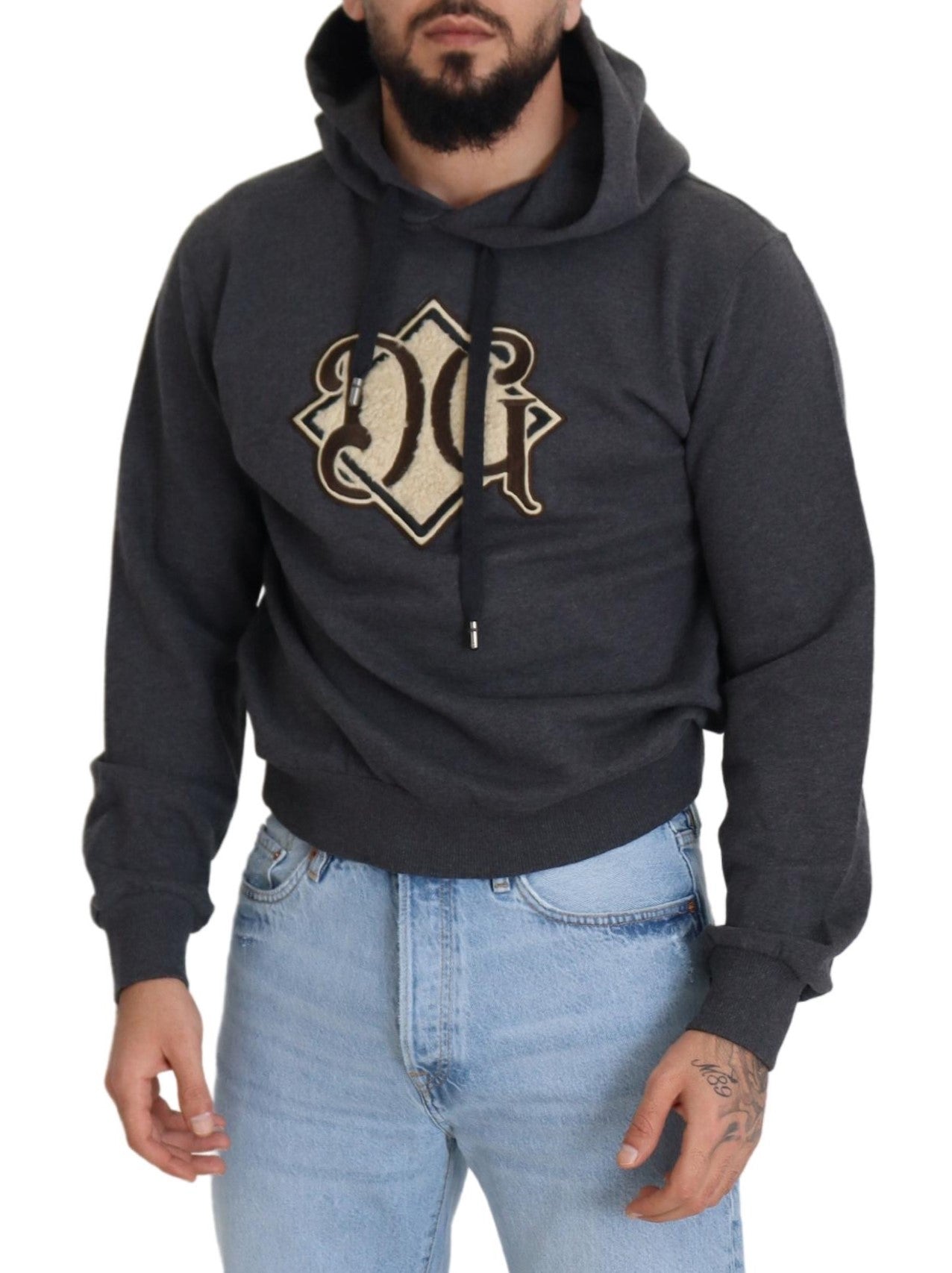 Dolce & Gabbana Gray Logo Cotton Hooded Sweatshirt Men's Sweater