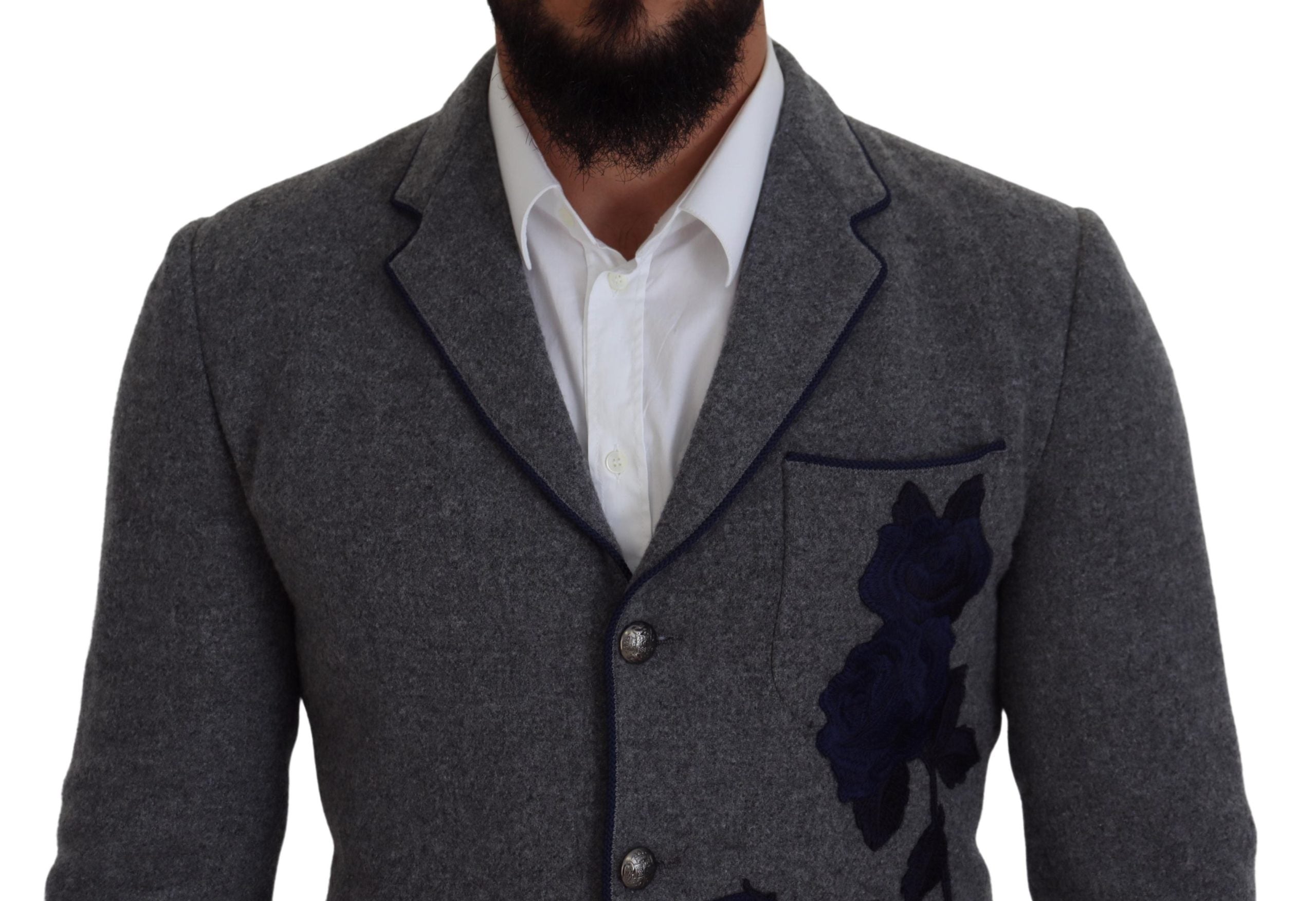 Dolce & Gabbana Gray Wool Roses Slim Fit Jacket Men's Blazer
