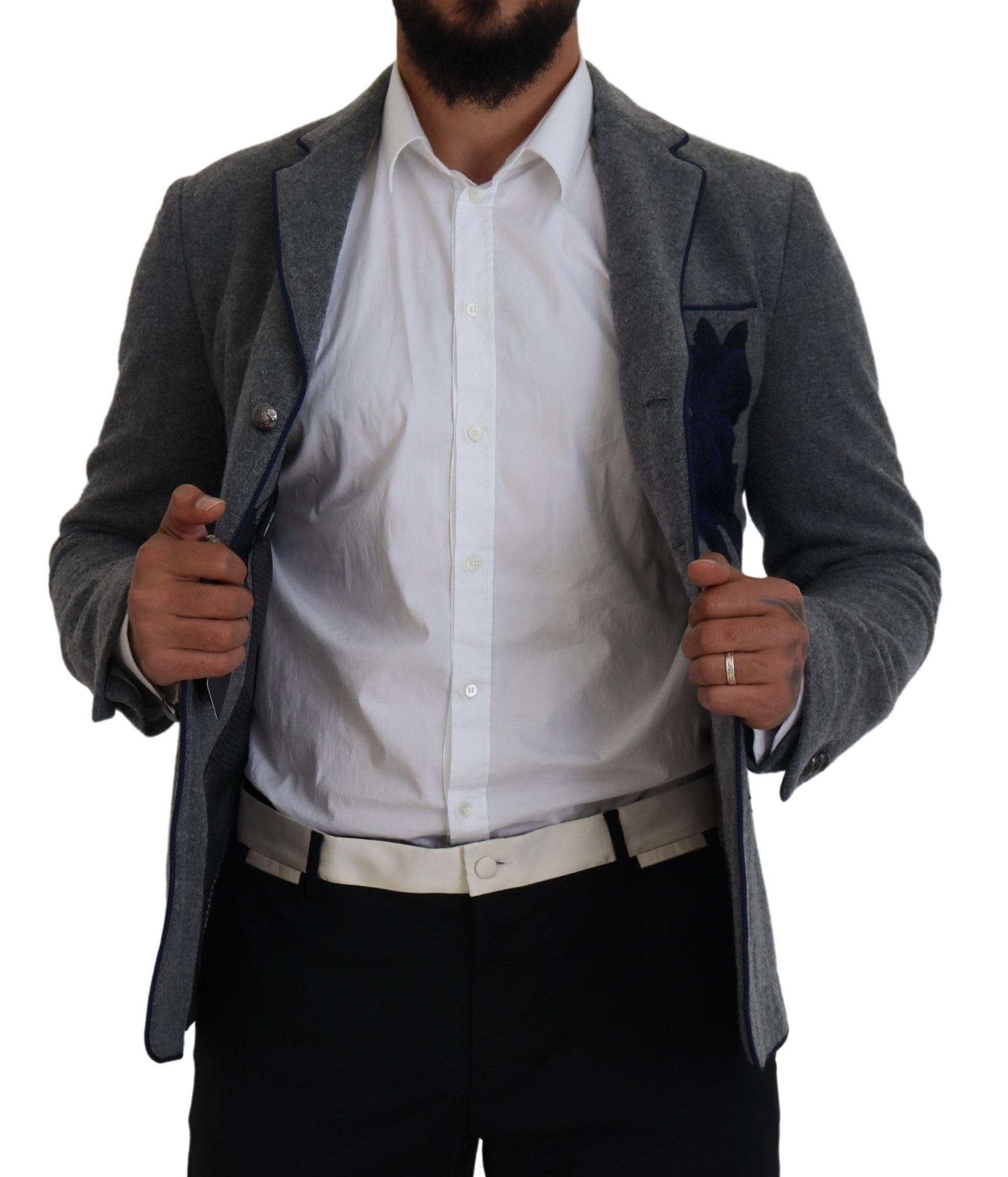 Dolce & Gabbana Gray Wool Roses Slim Fit Jacket Men's Blazer
