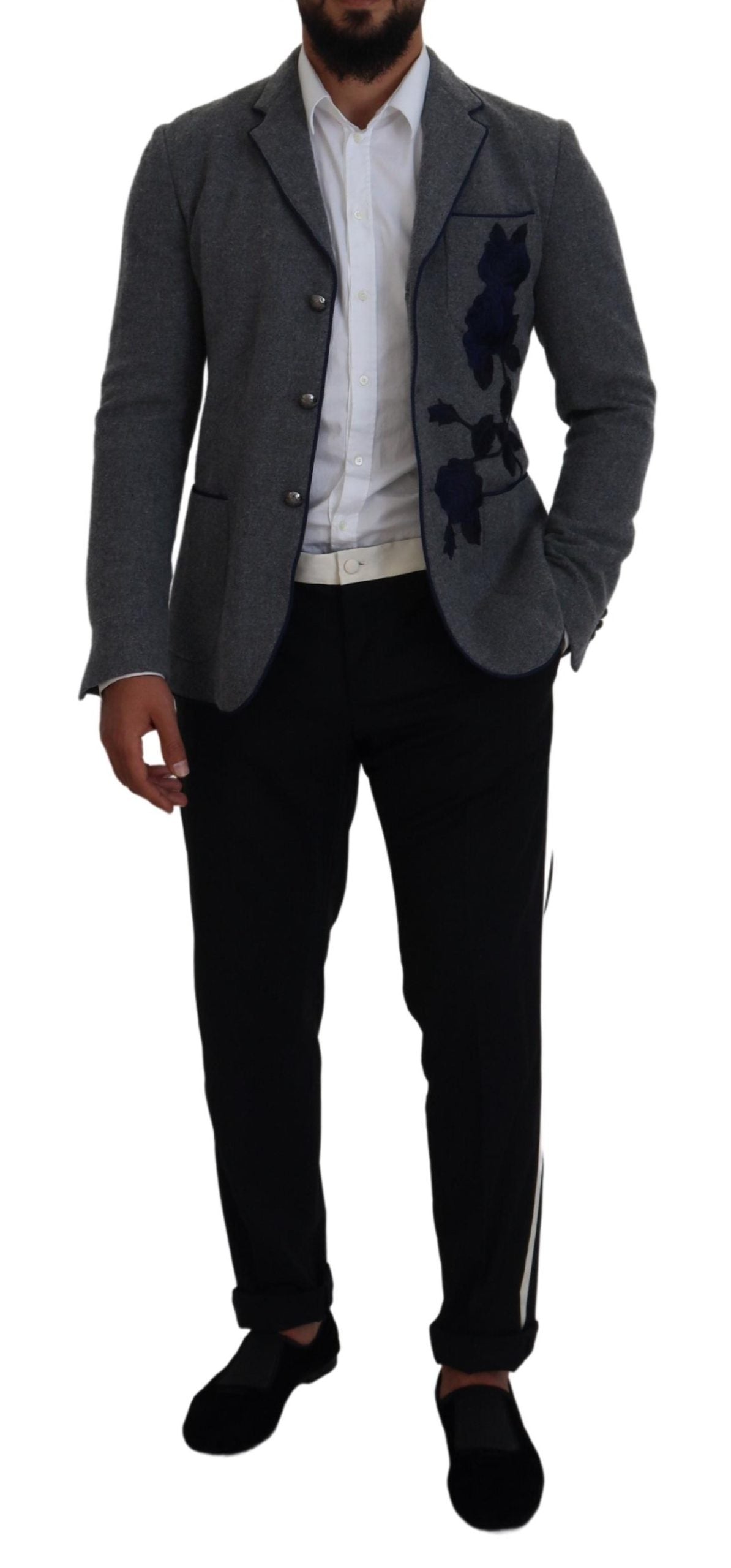Dolce & Gabbana Gray Wool Roses Slim Fit Jacket Men's Blazer