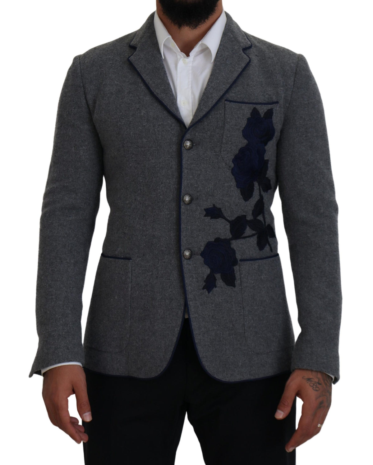 Dolce & Gabbana Gray Wool Roses Slim Fit Jacket Men's Blazer