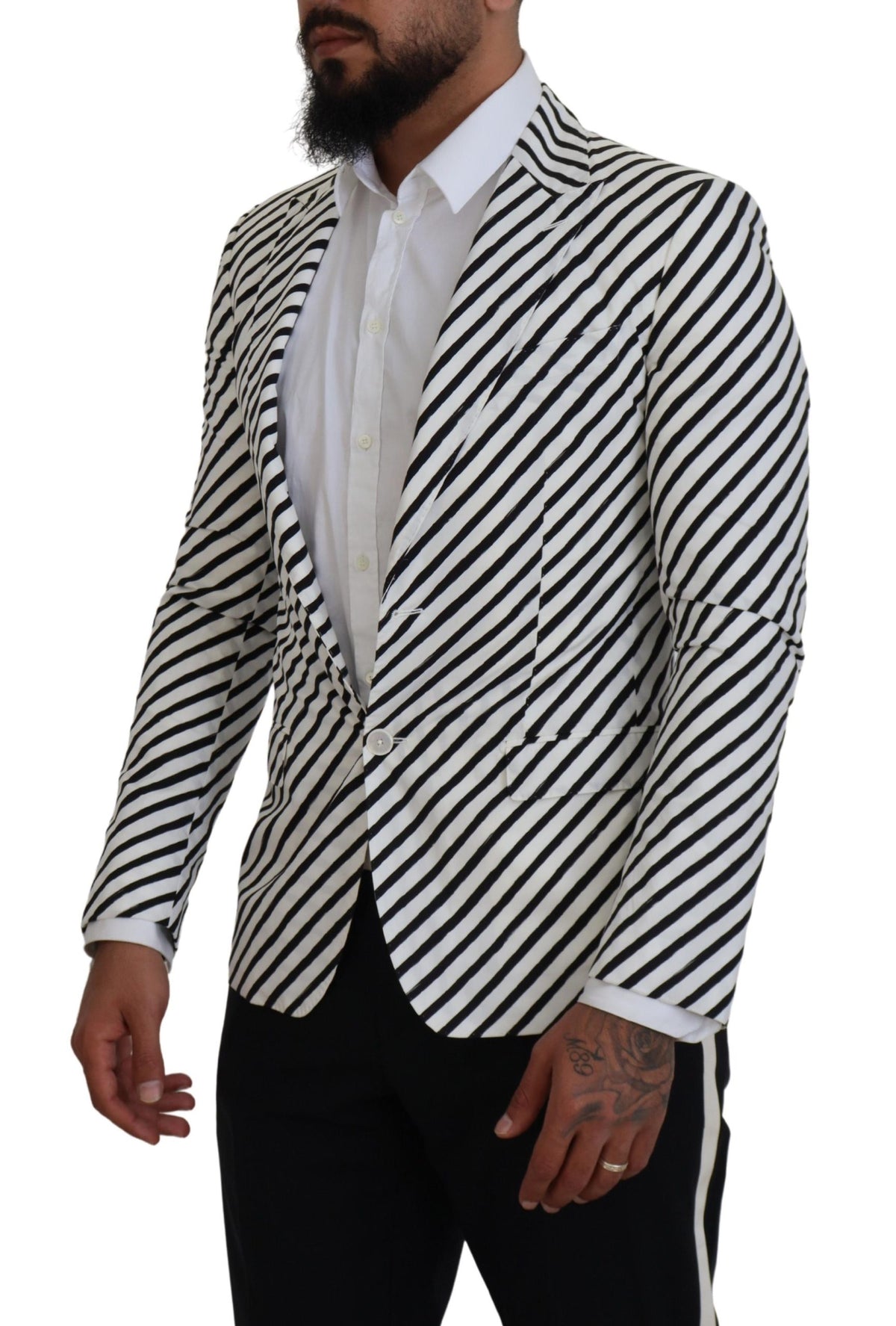 Dolce & Gabbana White Black Striped Slim Fit Jacket Men's Blazer