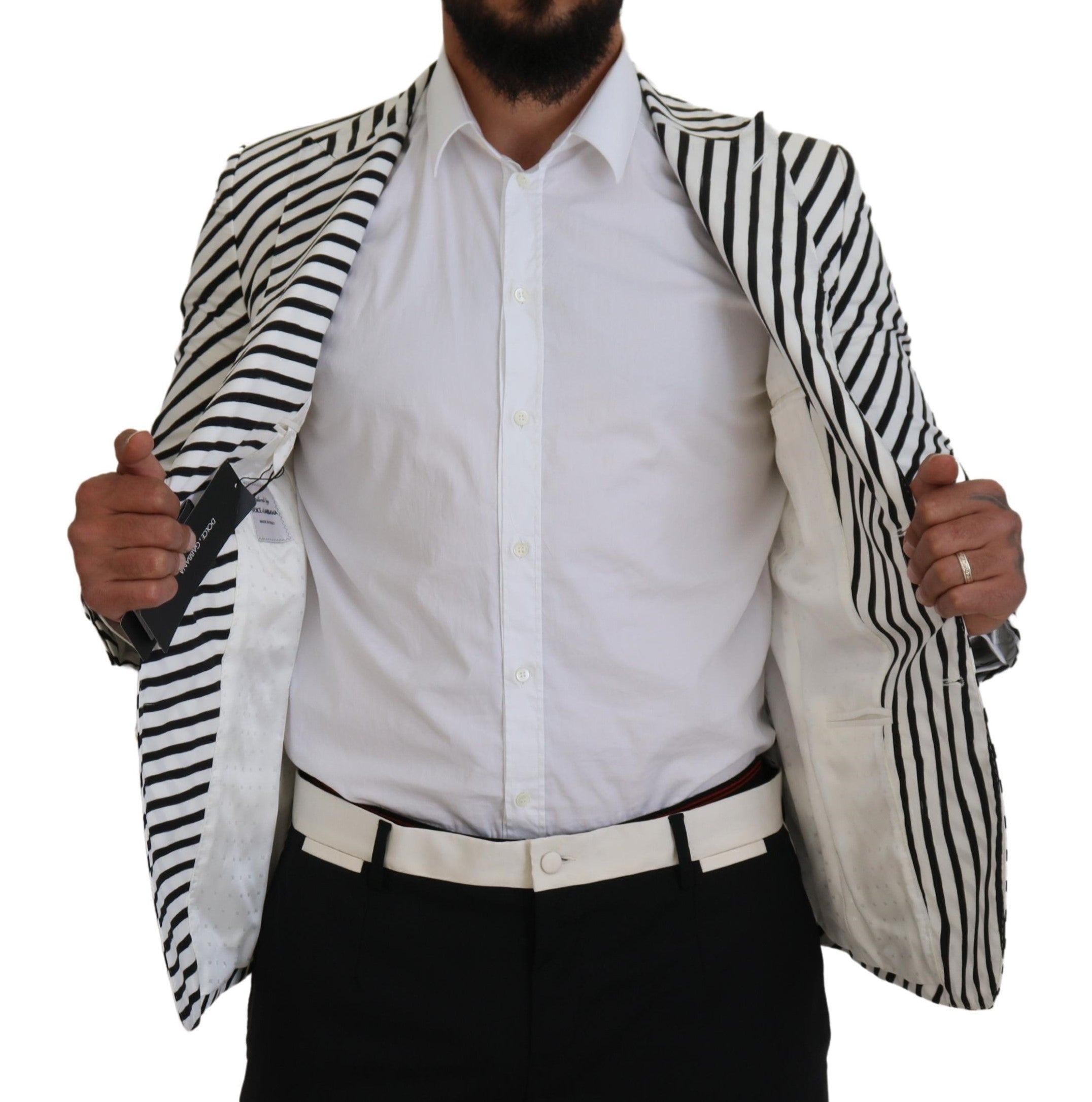 Dolce & Gabbana White Black Striped Slim Fit Jacket Men's Blazer