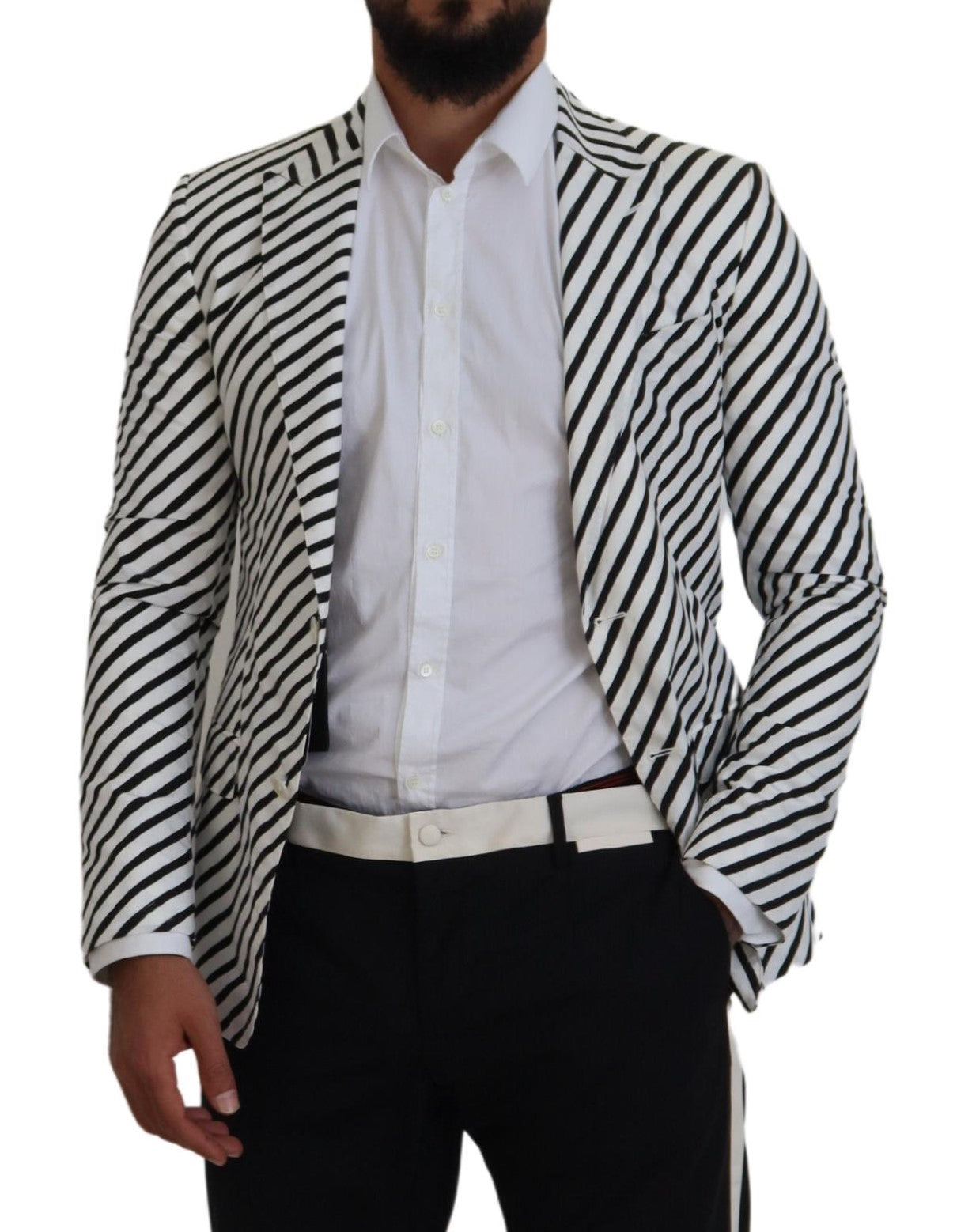 Dolce & Gabbana White Black Striped Slim Fit Jacket Men's Blazer