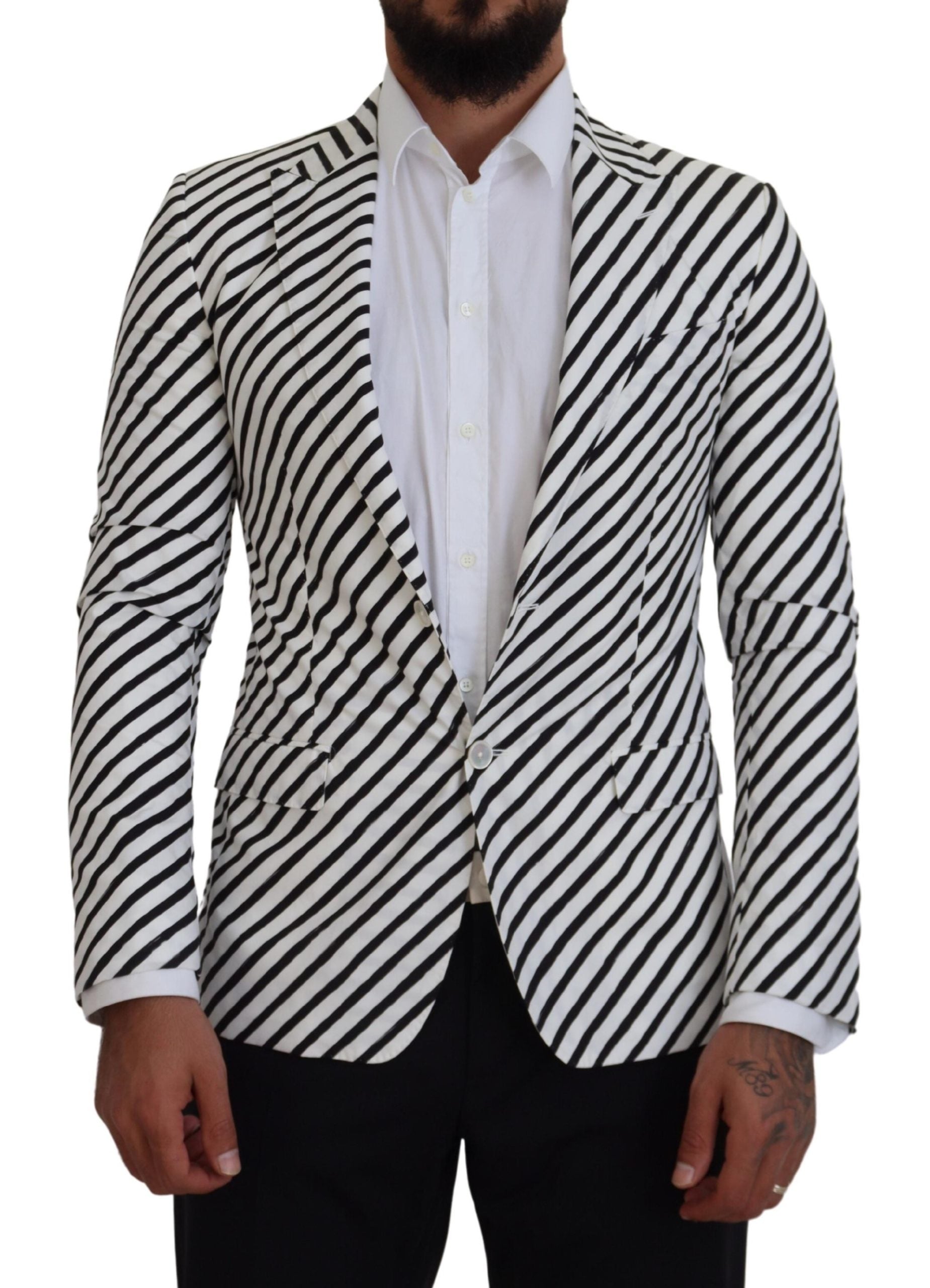 Dolce & Gabbana White Black Striped Slim Fit Jacket Men's Blazer