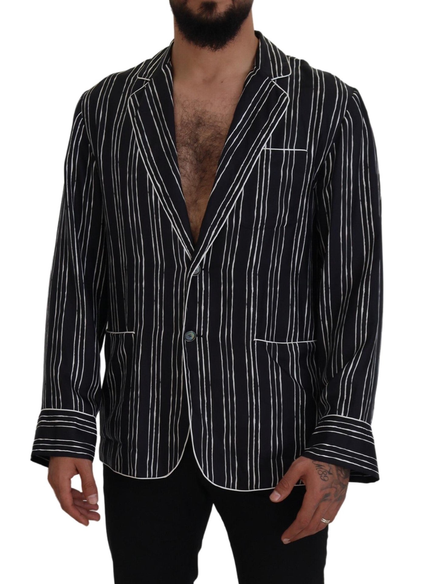 Dolce & Gabbana Blue Striped Silk Pajama Shirt Men's Jacket