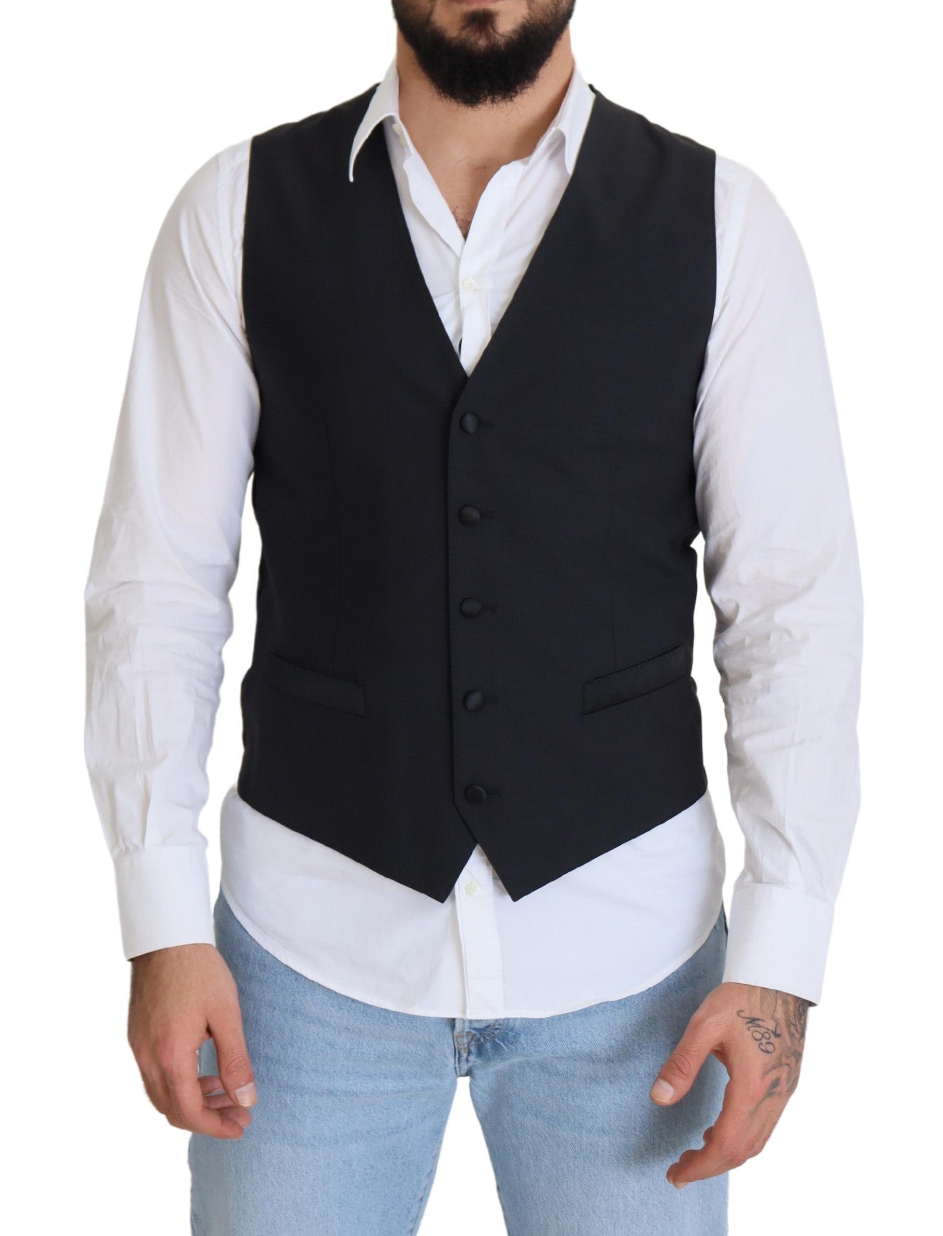 Dolce & Gabbana Black Wool Stretch Waistcoat Formal Men's Vest
