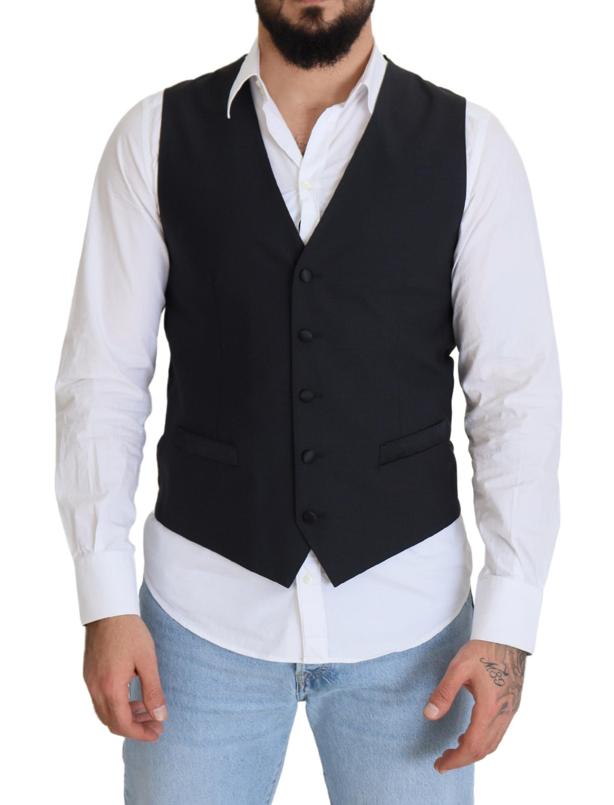 Dolce & Gabbana Dark Blue Wool Stretch Waistcoat Formal Men's Vest