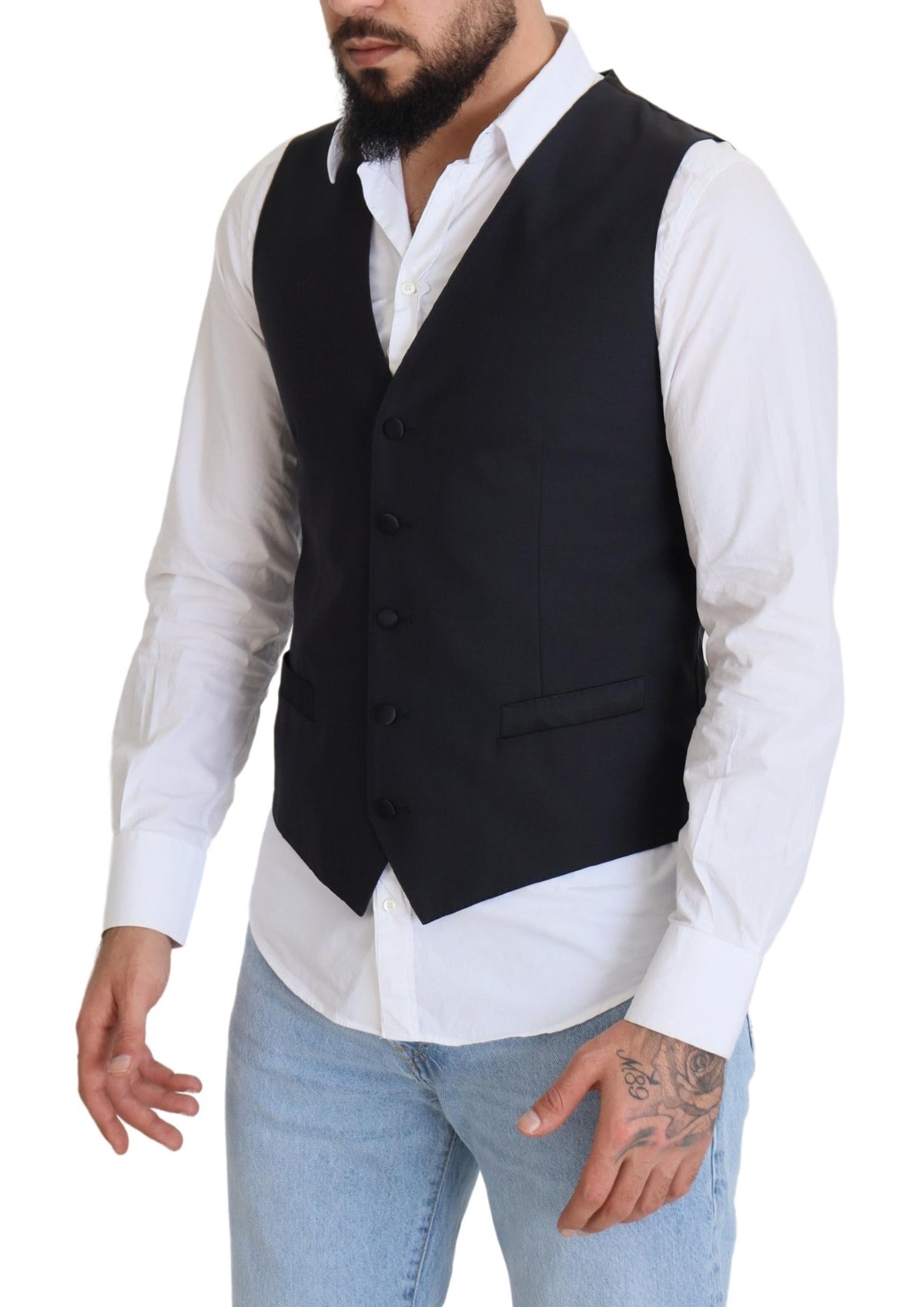 Dolce & Gabbana Dark Blue Wool Stretch Waistcoat Formal Men's Vest