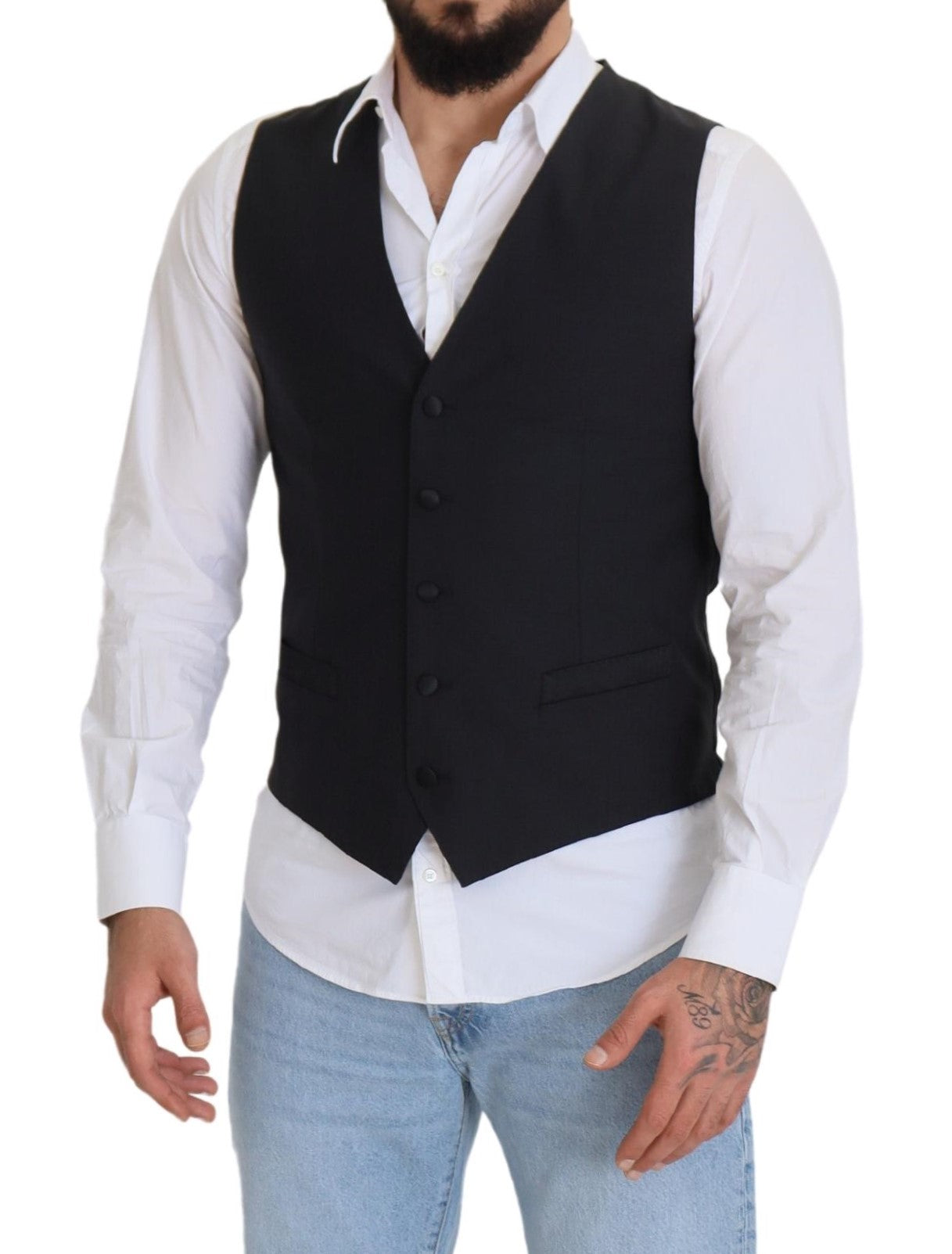 Dolce & Gabbana Dark Blue Wool Stretch Waistcoat Formal Men's Vest