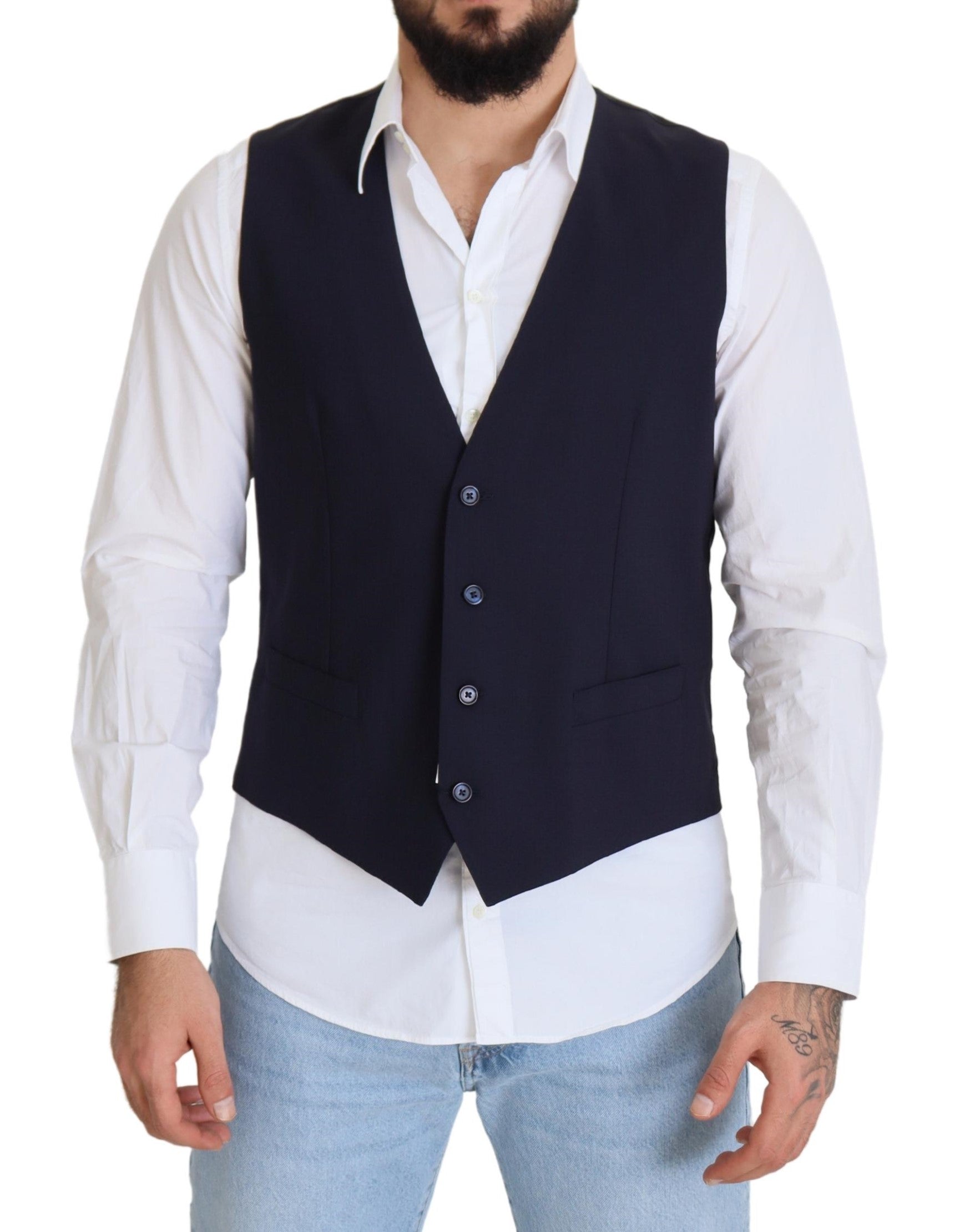 Dolce & Gabbana Dark Blue Wool Stretch Waistcoat Formal Men's Vest