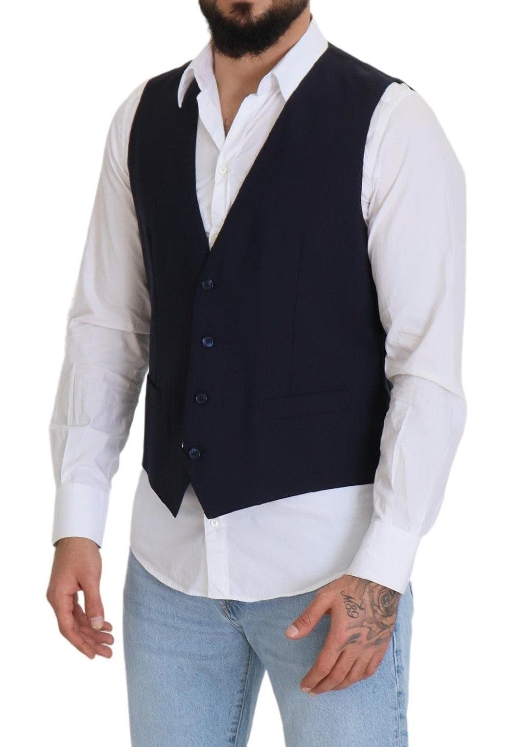 Dolce & Gabbana Dark Blue Wool Stretch Waistcoat Formal Men's Vest