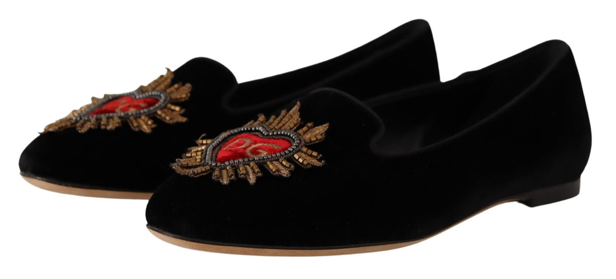 Dolce & Gabbana Black DG Sacred Heart Patch Slip On Flat Women's Shoes