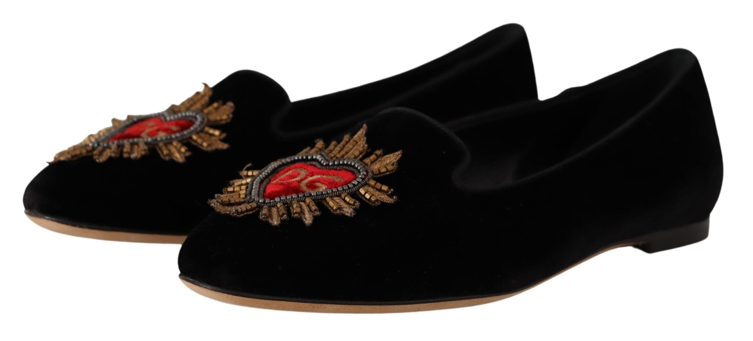 Dolce & Gabbana Black DG Sacred Heart Patch Slip On Flat Women's Shoes