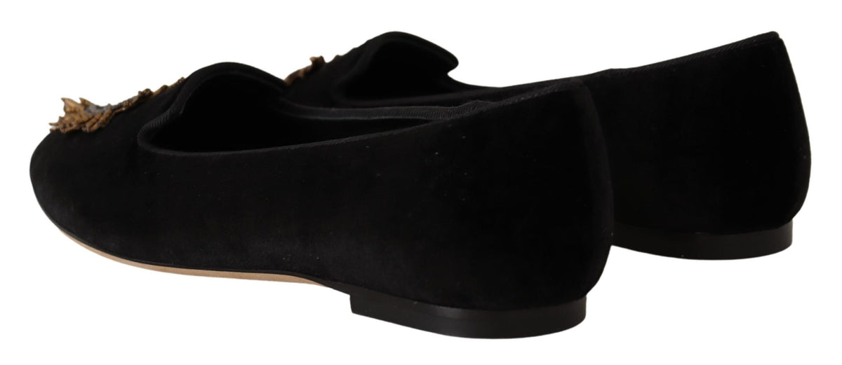 Dolce & Gabbana Black DG Sacred Heart Patch Slip On Flat Women's Shoes