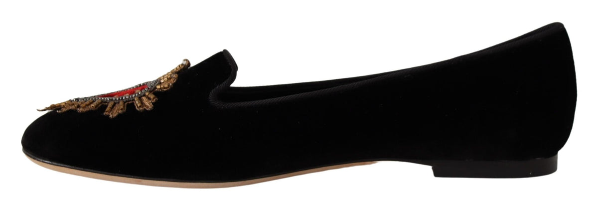 Dolce & Gabbana Black DG Sacred Heart Patch Slip On Flat Women's Shoes