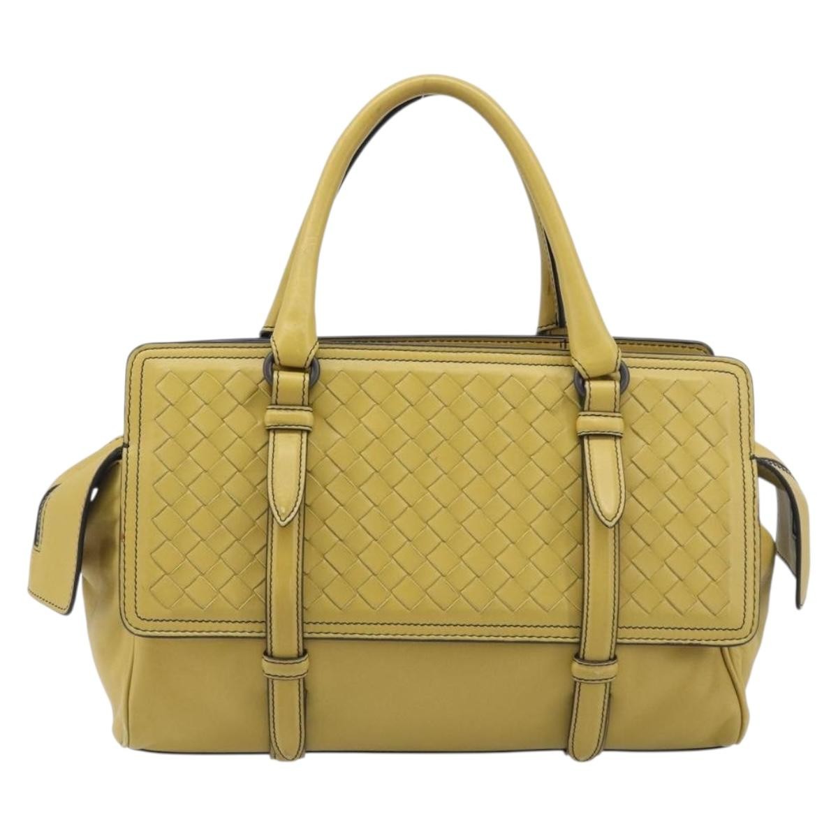 Bottega Veneta Monaco Nappa Leather With Intrecciato Detail Yellow Leather Handbag (Pre-Owned)