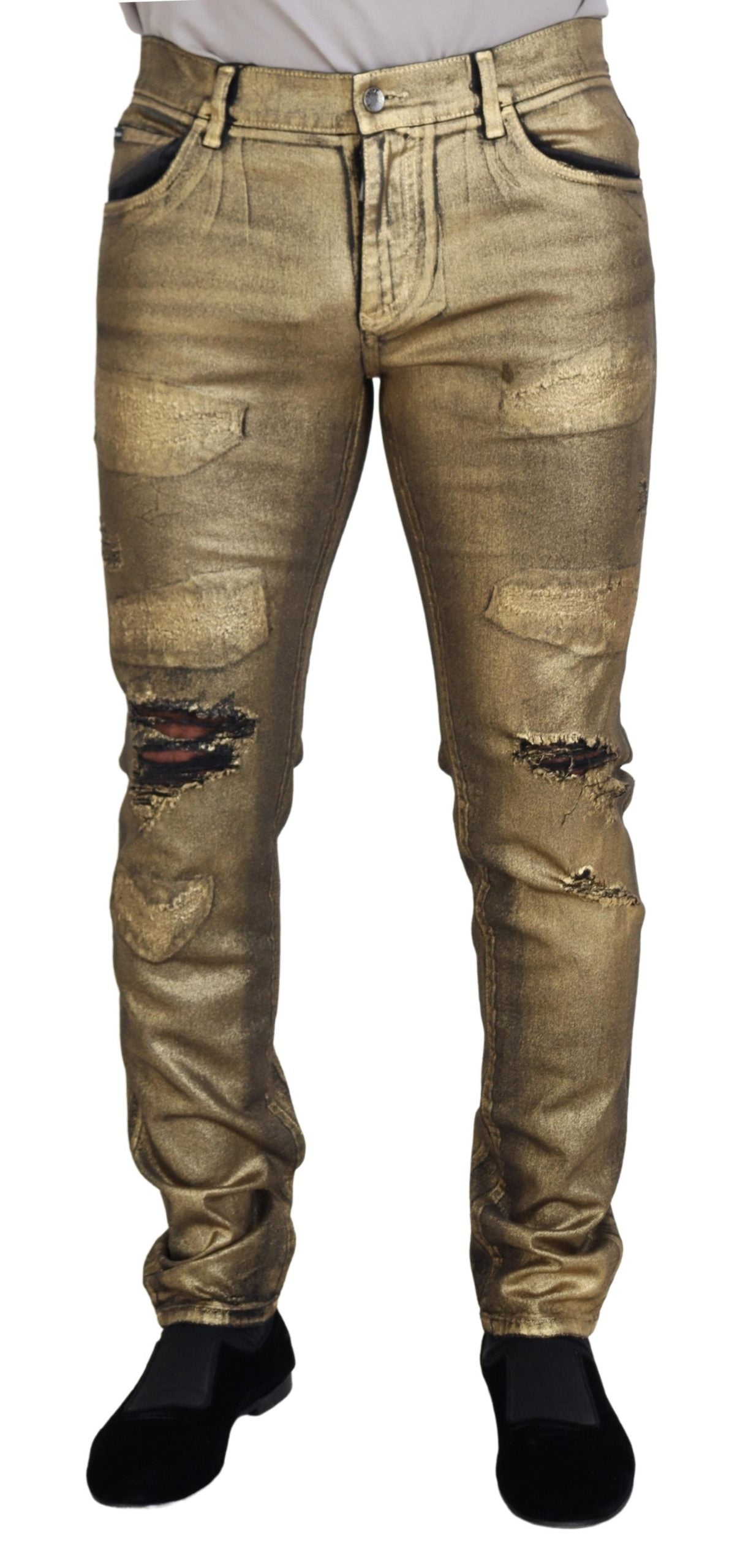 Dolce & Gabbana Gold Cotton Tattered Skinny Men Denim Men's Jeans