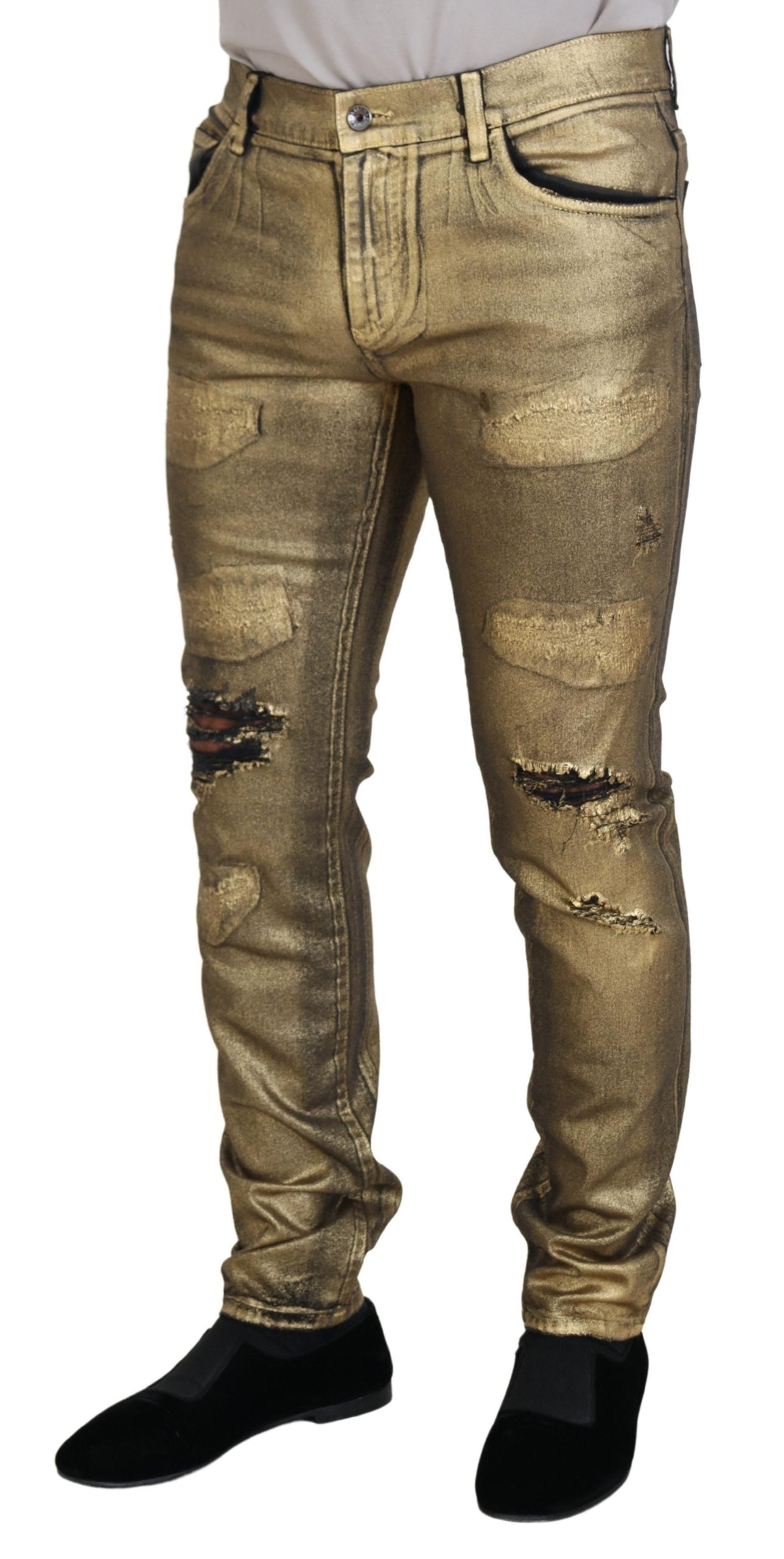 Dolce & Gabbana Gold Cotton Tattered Skinny Men Denim Men's Jeans