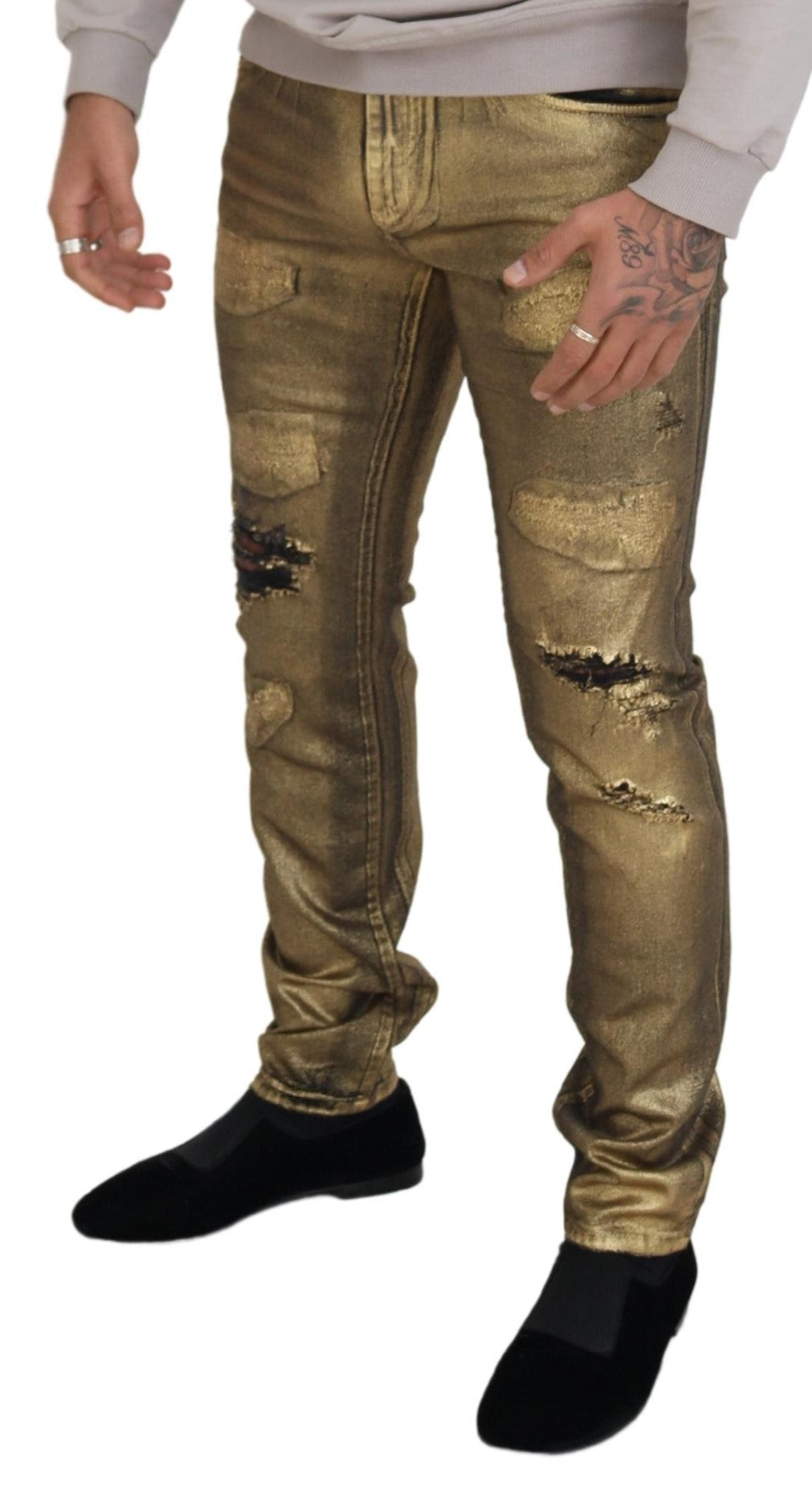 Dolce & Gabbana Gold Cotton Tattered Skinny Men Denim Men's Jeans
