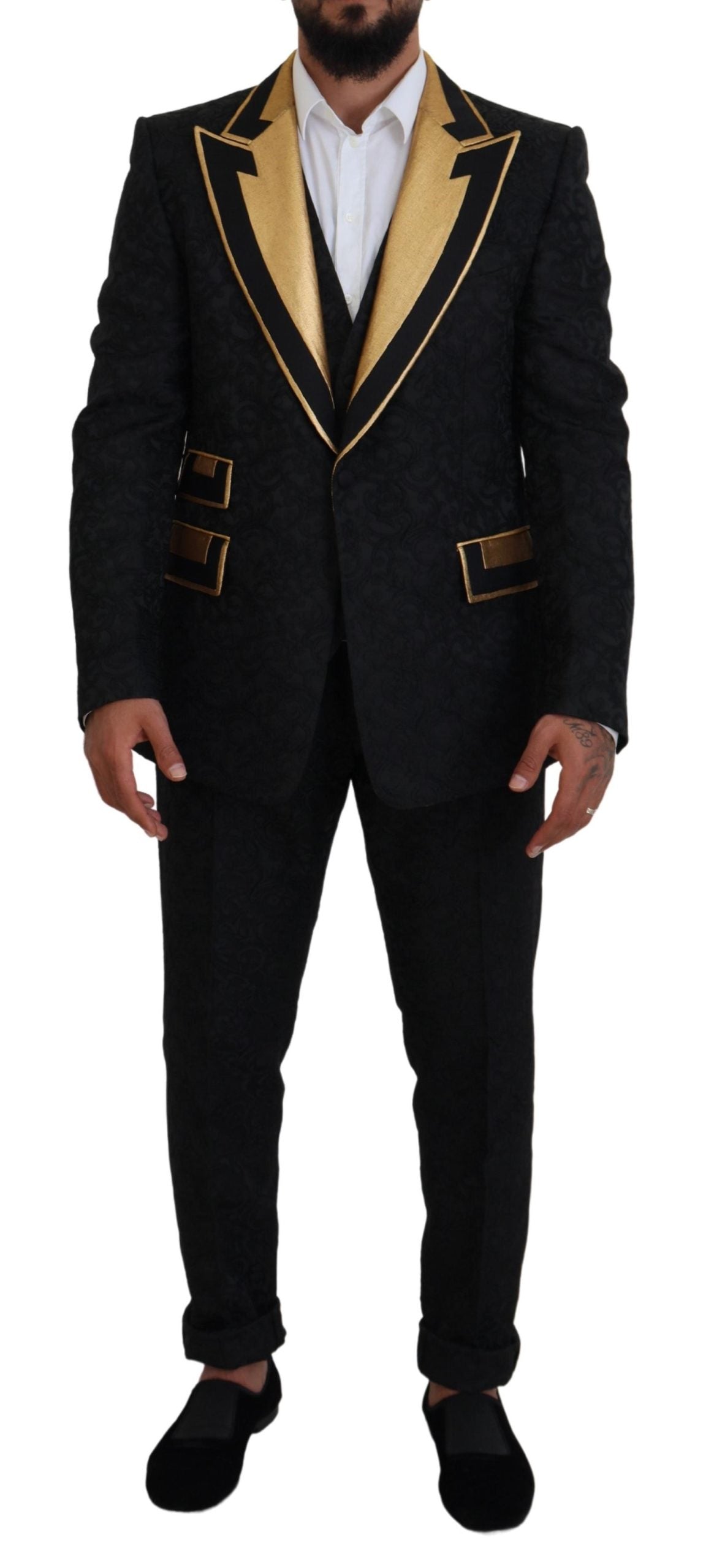Dolce & Gabbana Elegant Black & Gold Slim Fit 3 Piece Suit Dolce & Gabbana Elegant Black & Gold Slim Fit 3 Piece Suit