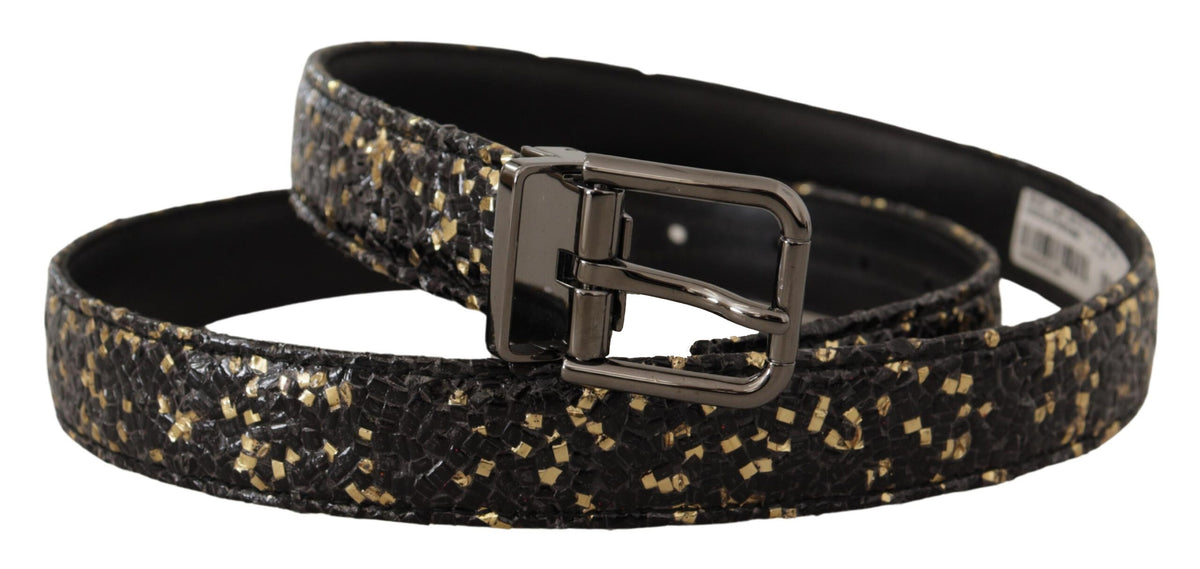 Dolce & Gabbana Gold Black Two-toned Leather Chrome Buckle Men's Belt