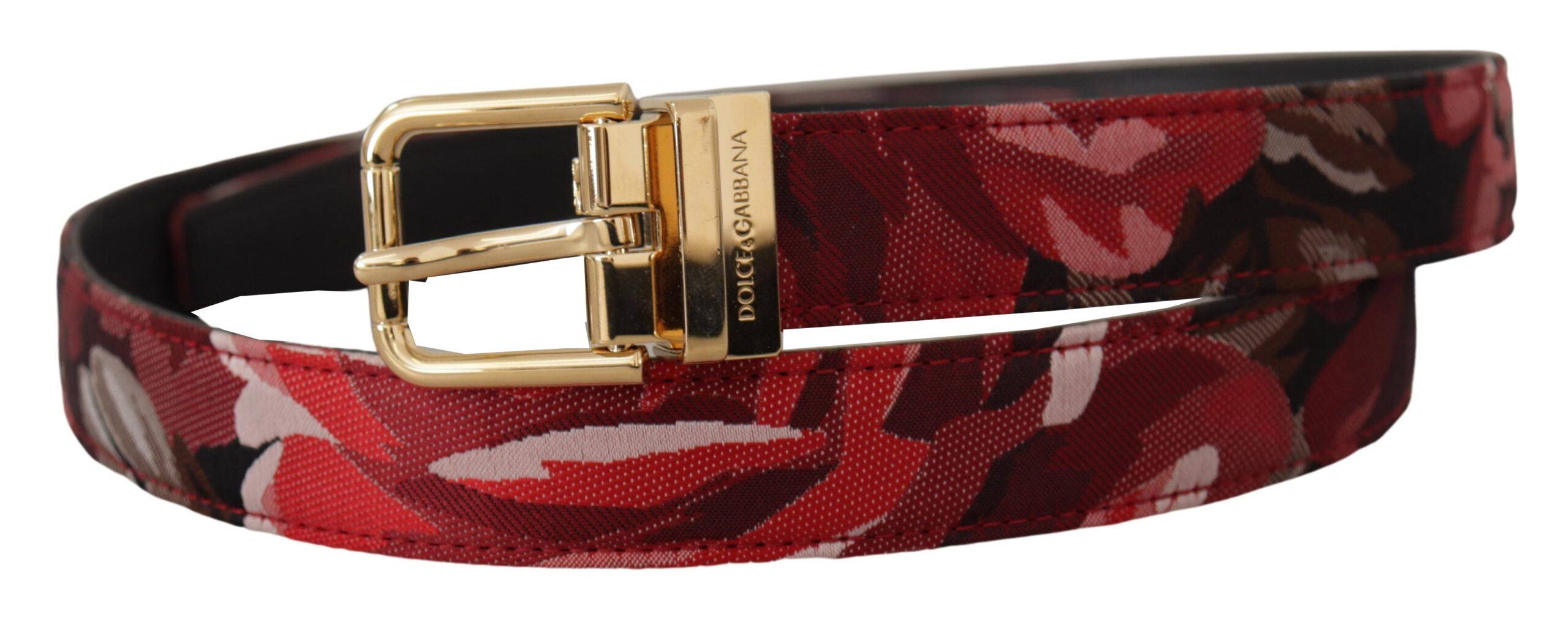 Dolce & Gabbana Red Jacquard Rose Leather Gold Metal Buckle Men's Belt