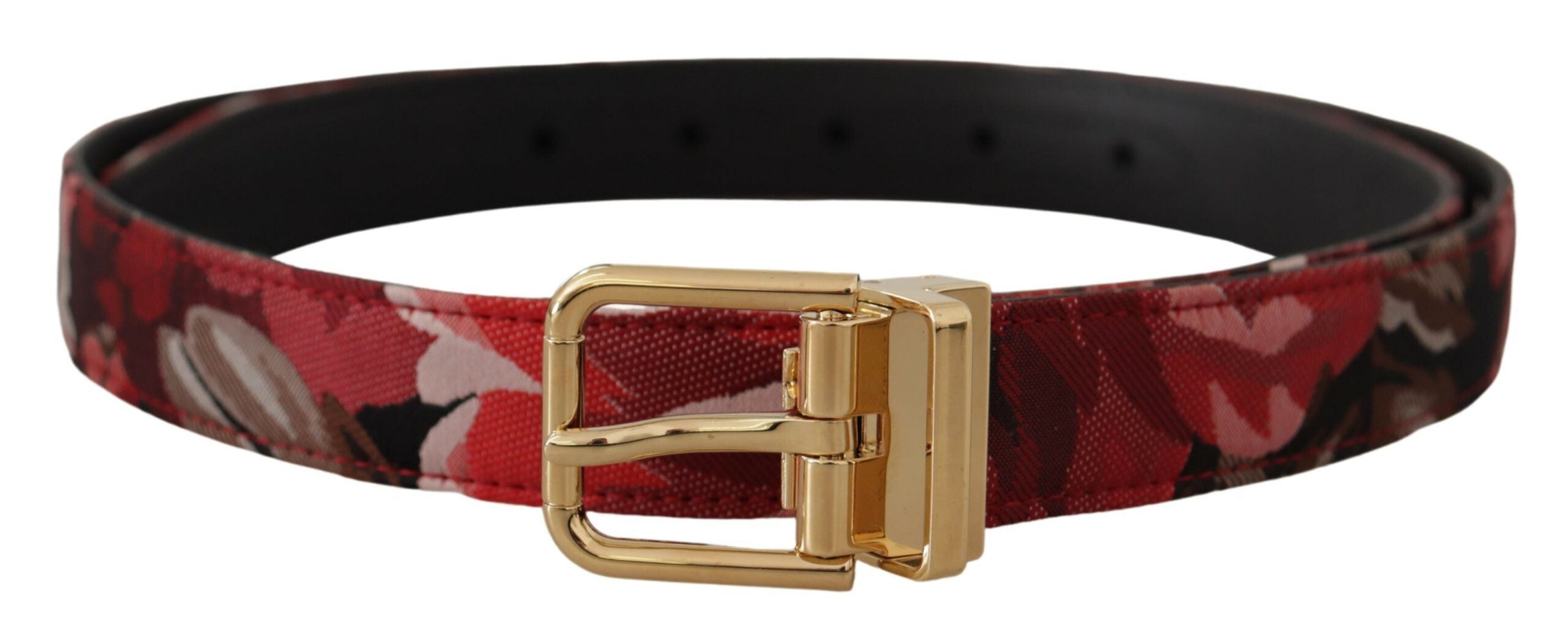 Dolce & Gabbana Red Jacquard Rose Leather Gold Metal Buckle Men's Belt
