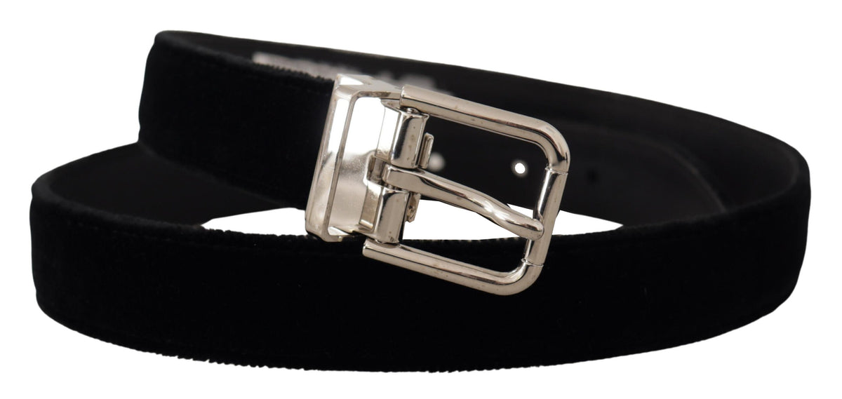 Dolce & Gabbana Black Velvet Silver Tone Metal Logo Buckle Men's Belt