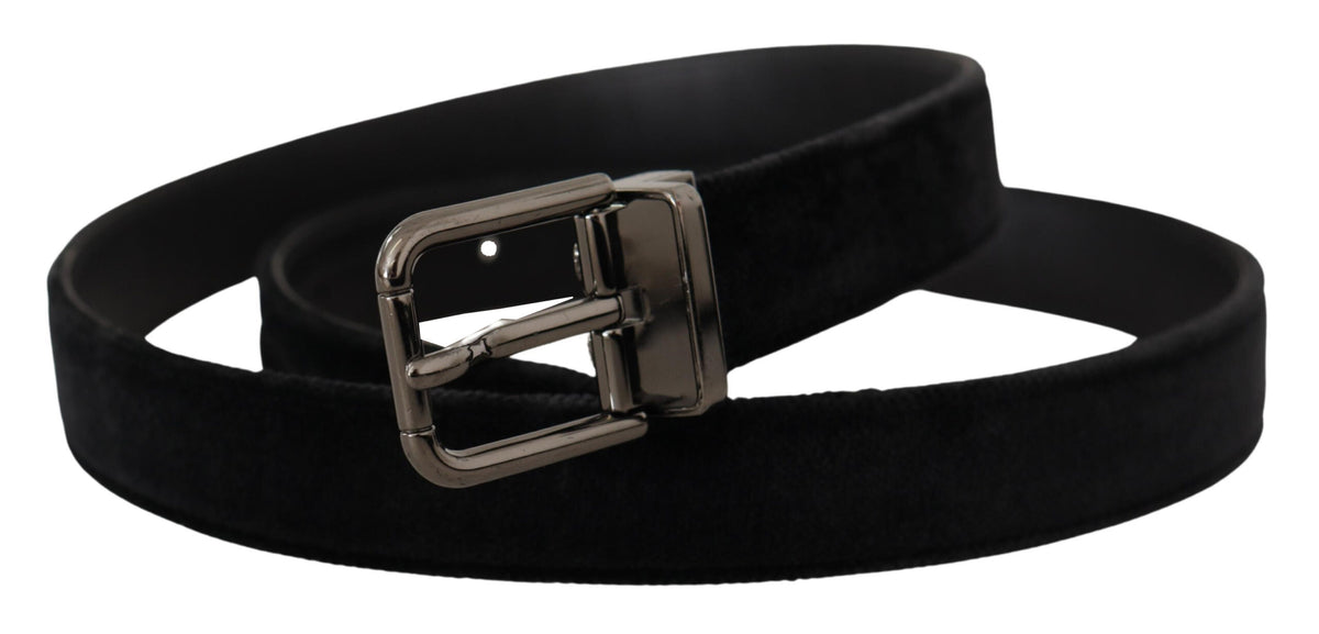 Dolce & Gabbana Black Velvet Silver Tone Logo Metal Buckle Men's Belt