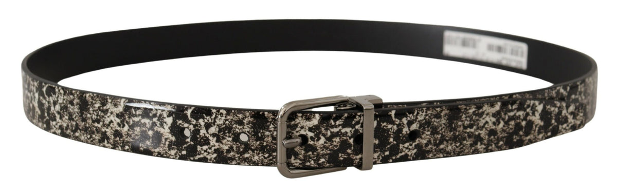 Dolce & Gabbana Black Marble Print Leather Silver Logo Buckle Men's Belt