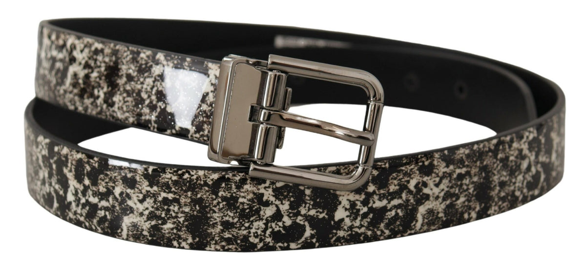 Dolce & Gabbana Black Marble Print Leather Silver Logo Buckle Men's Belt