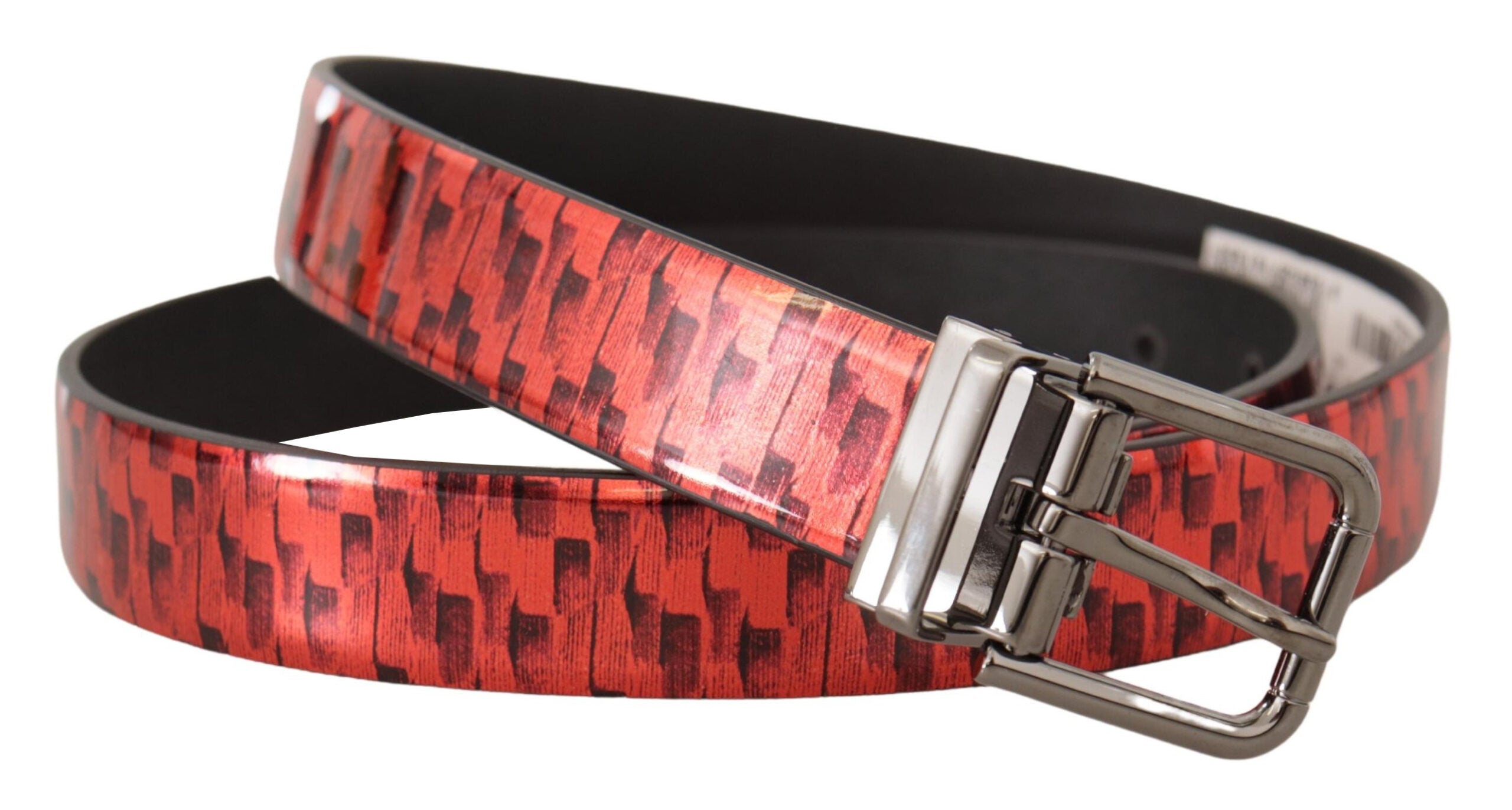 Dolce & Gabbana Red Herringbone Leather Gray Tone Buckle Men's Belt