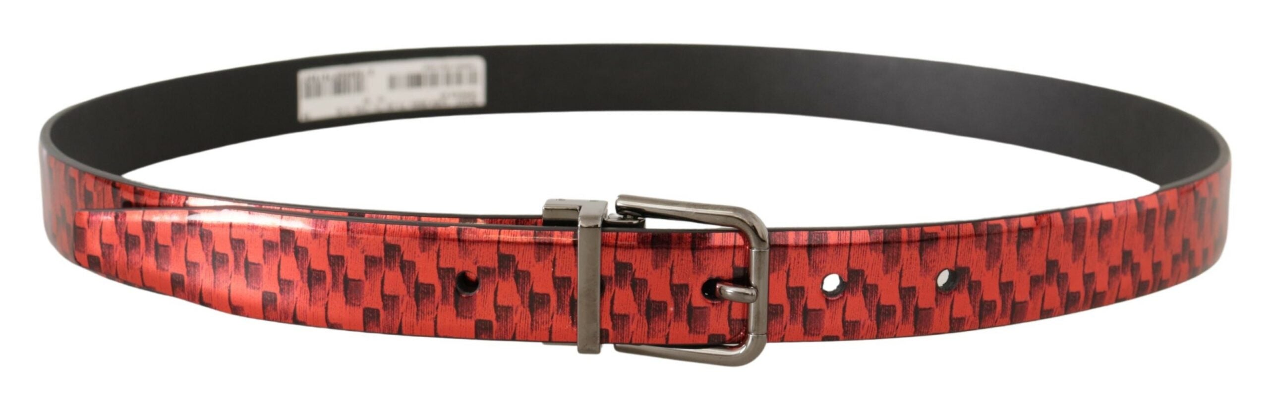 Dolce & Gabbana Red Herringbone Leather Gray Tone Buckle Men's Belt