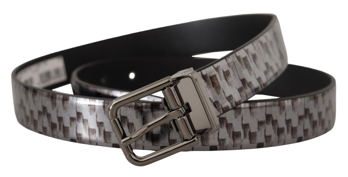 Dolce & Gabbana Gray Herringbone Leather Gray 3D Metal Buckle Men's Belt
