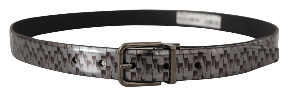 Dolce & Gabbana Gray Herringbone Leather Gray 3D Metal Buckle Men's Belt