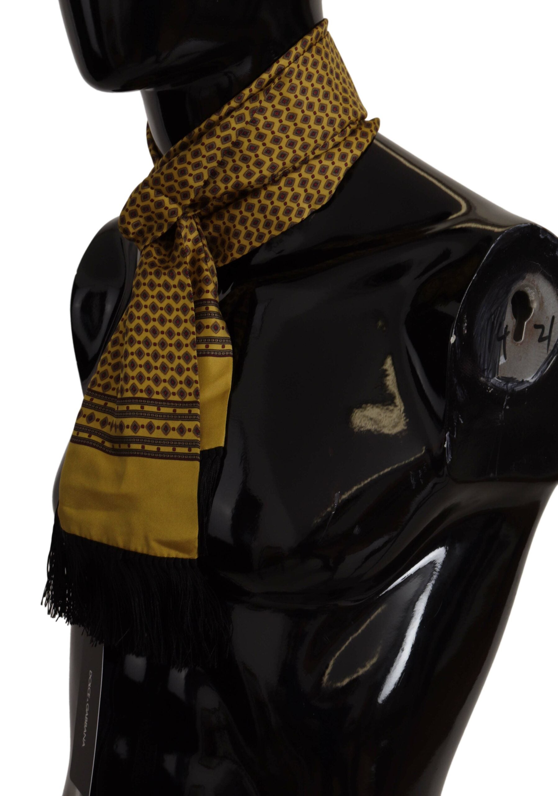 Dolce & Gabbana Yellow Patterned Silk Neck Wrap Fringe Men's Scarf